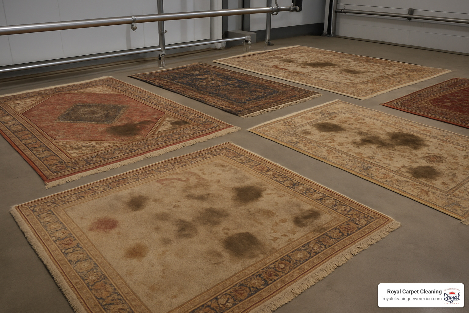Wool and oriental rugs with various stains before professional cleaning treatment - drop off area rug cleaning services near me
