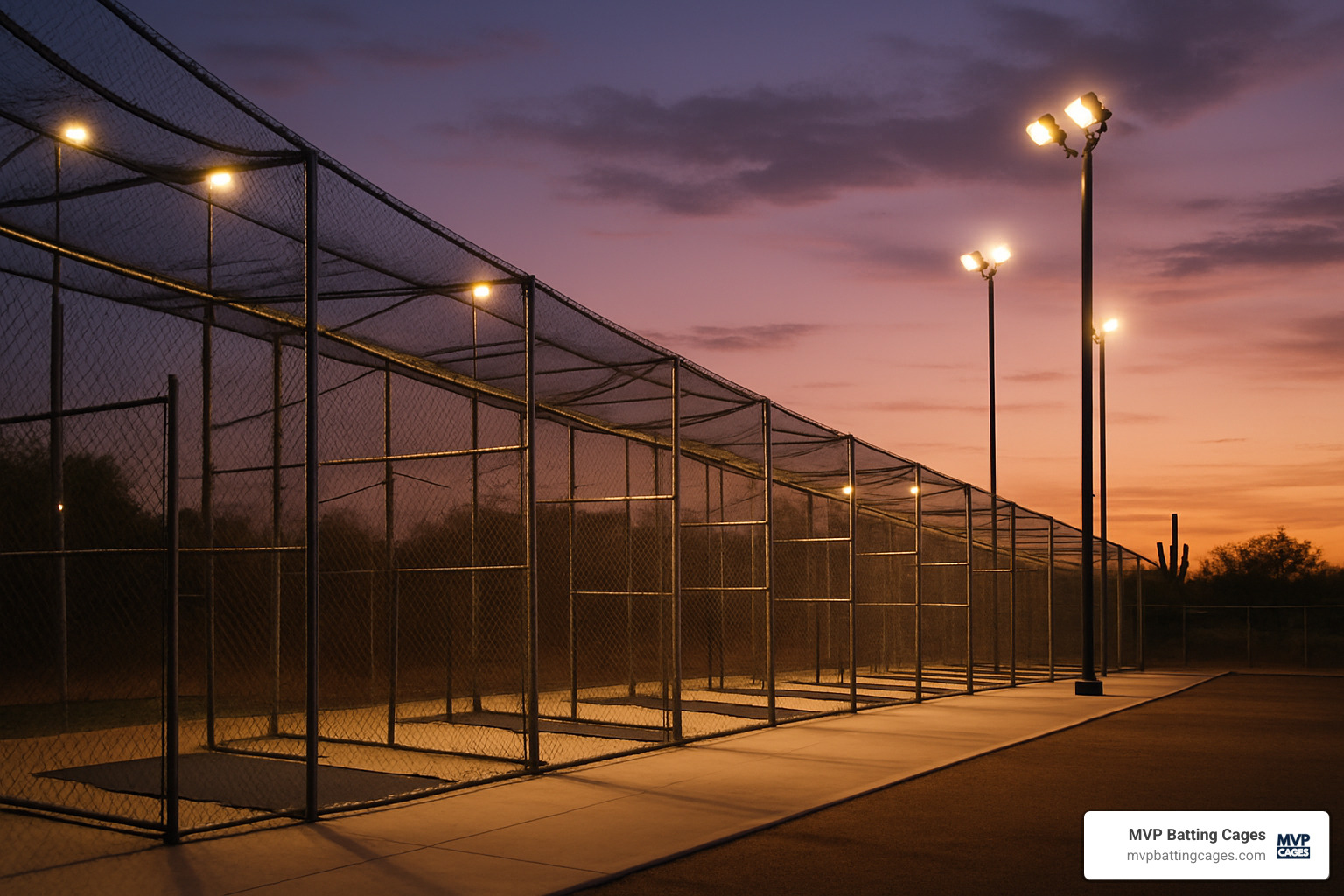 lineup of outdoor batting cages under evening lights - outdoor batting cages chandler az