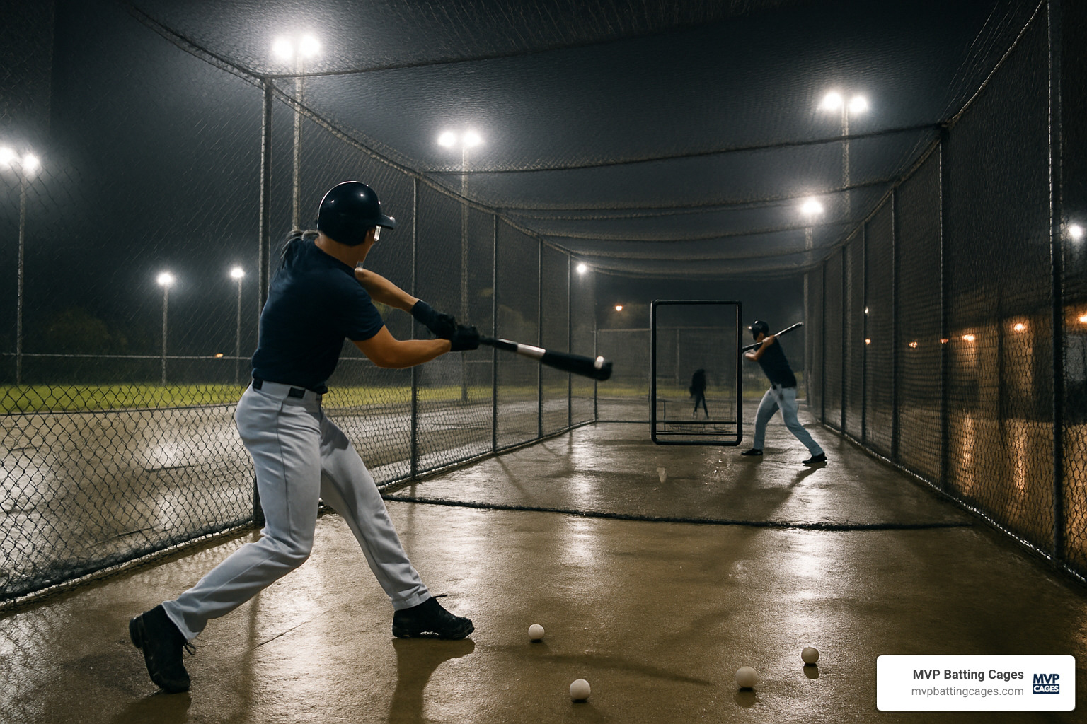players practicing at night under bright cage lighting - outdoor batting cages chandler az