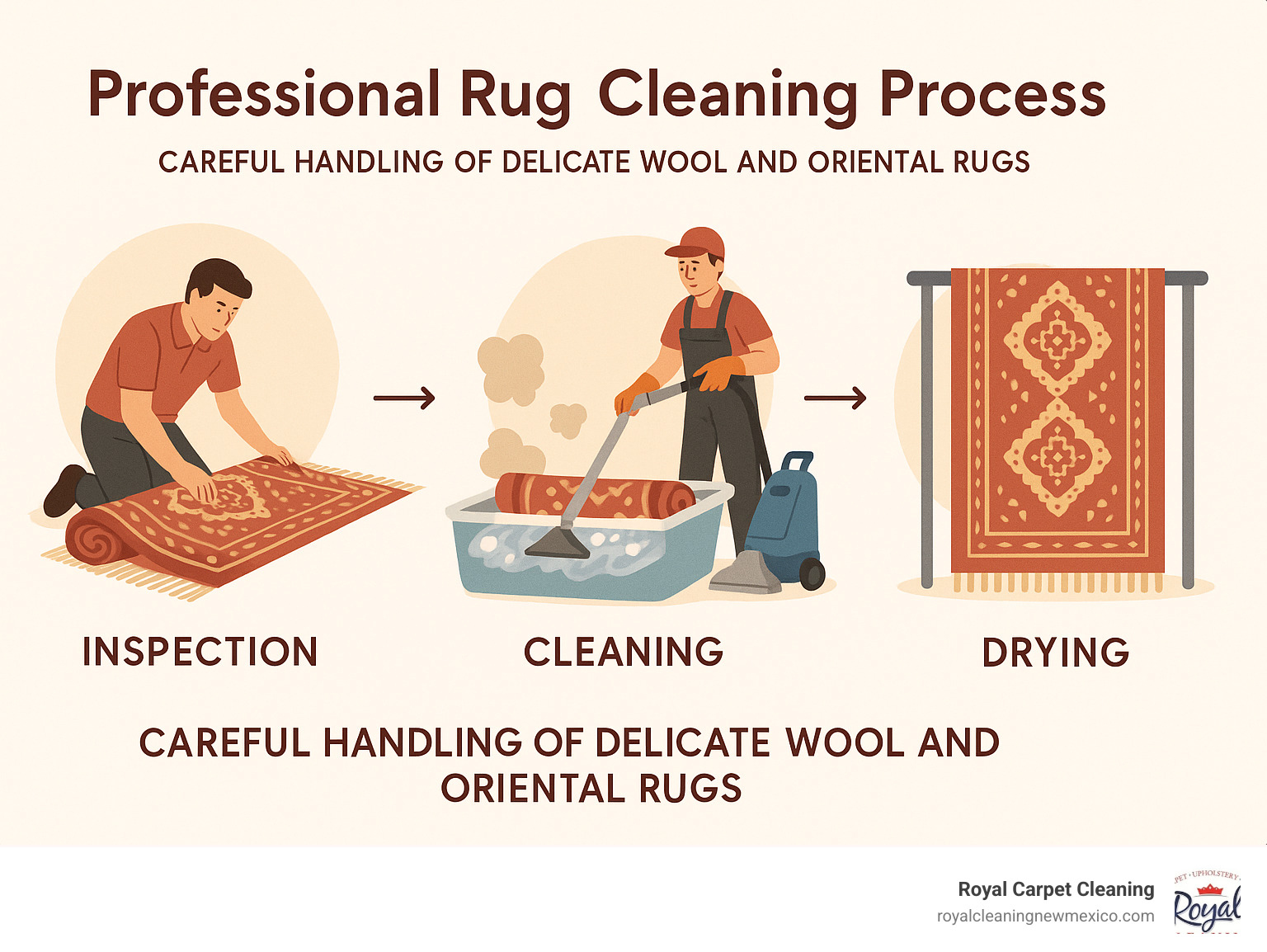 Professional rug cleaning process showing careful handling of delicate wool and oriental rugs - drop off area rug cleaning services near me infographic 