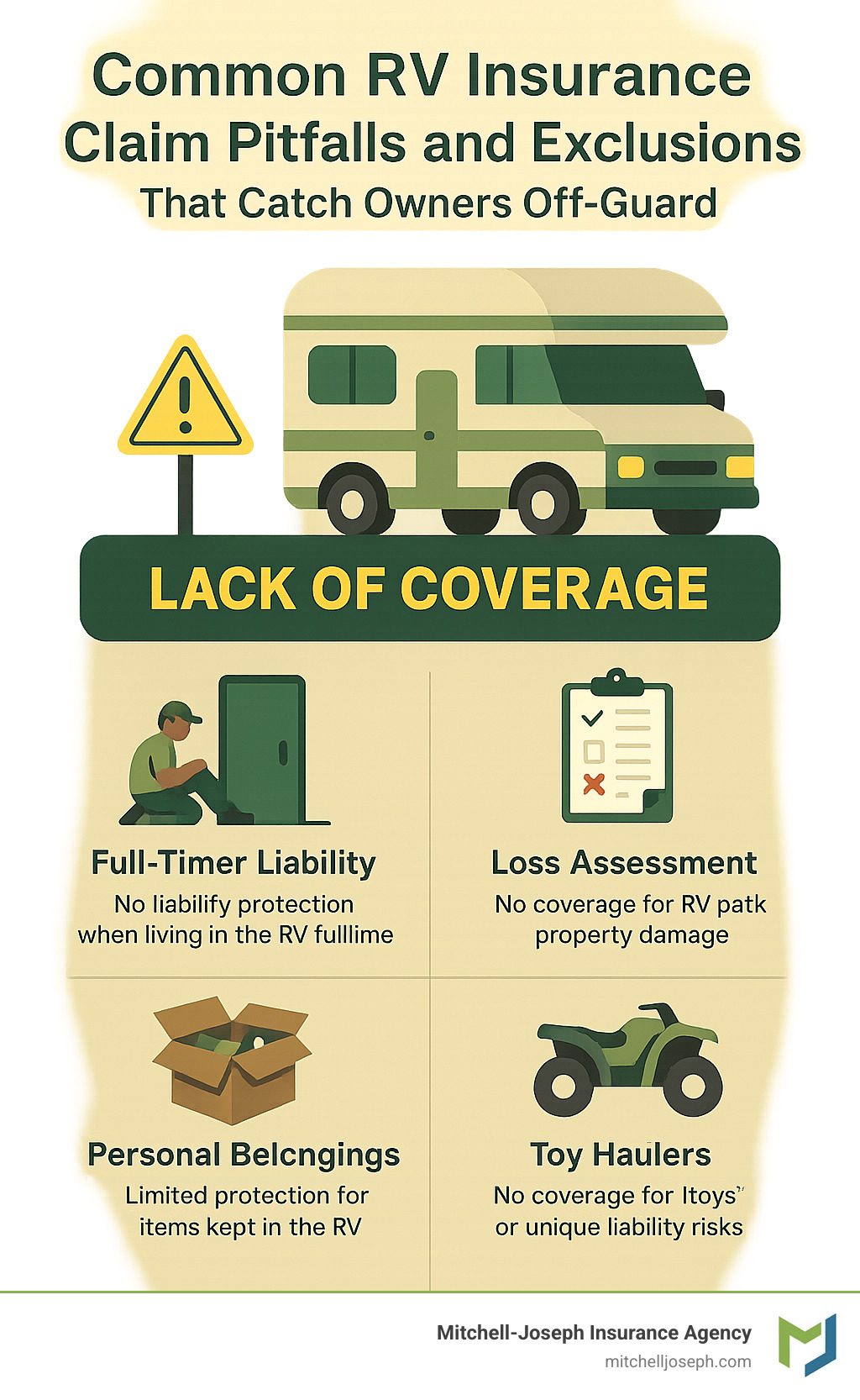 Common RV insurance claim pitfalls and exclusions that catch owners off-guard - RV insurance coverage options infographic 
