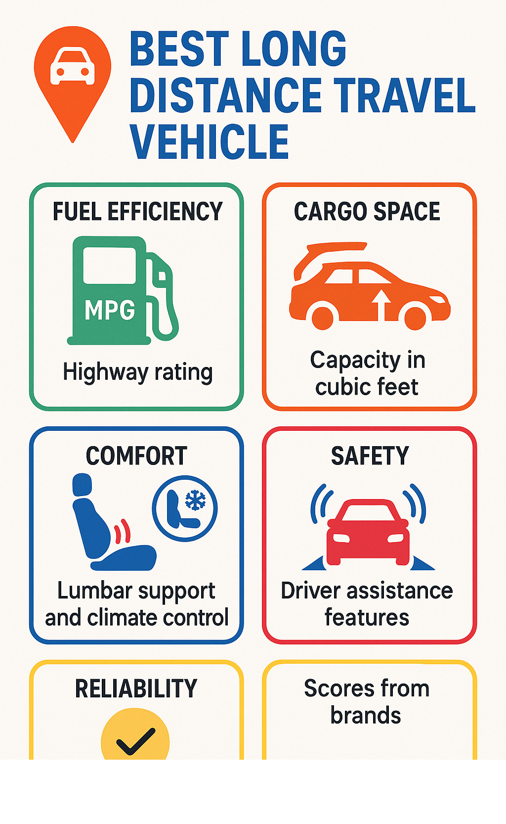 Infographic showing long-distance vehicle selection criteria including fuel efficiency ratings, cargo space measurements, comfort features like lumbar support and climate control, safety technologies such as adaptive cruise control and lane keeping assist, and reliability scores from mainstream brands - best long distance travel vehicle infographic