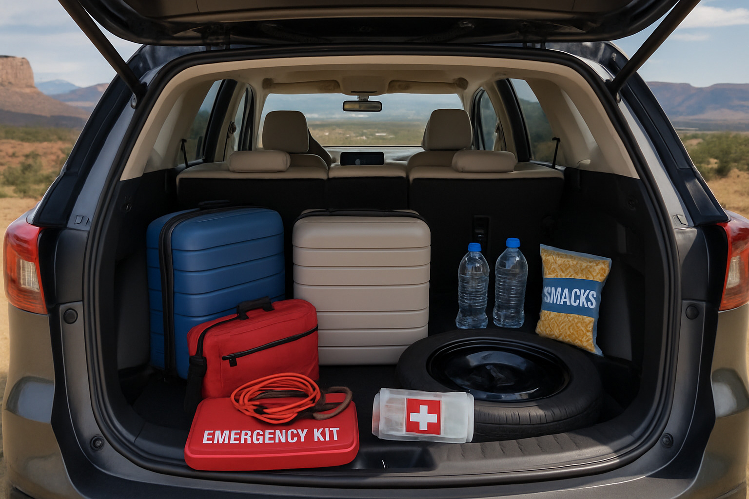 packed cargo area showing organized luggage, emergency kit, and travel supplies - best long distance travel vehicle