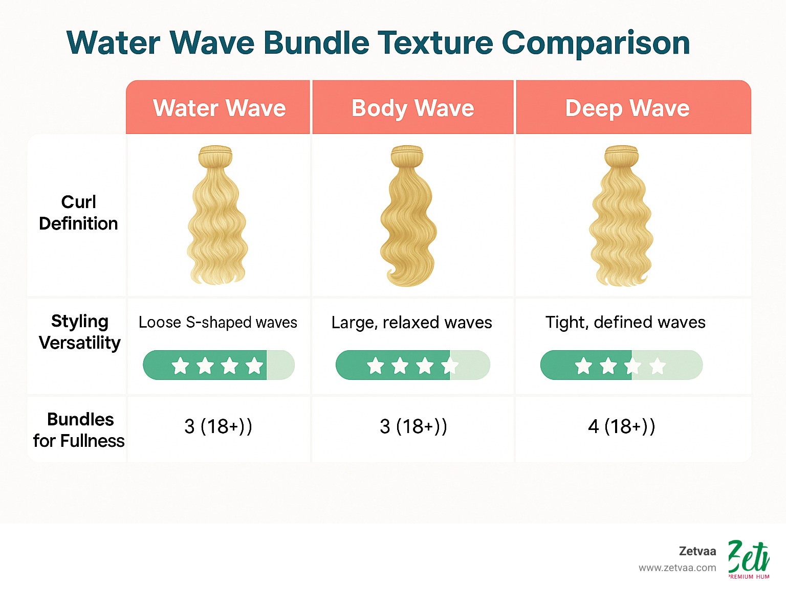 Infographic showing water wave bundle texture comparison with body wave and deep wave patterns, including curl definitions, styling versatility ratings, and recommended bundle quantities for different hair lengths - Blonde water wave bundles infographic 
