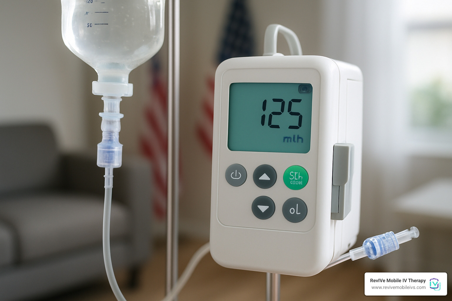 Portable IV pump and modern needle-free valve system - bag of iv