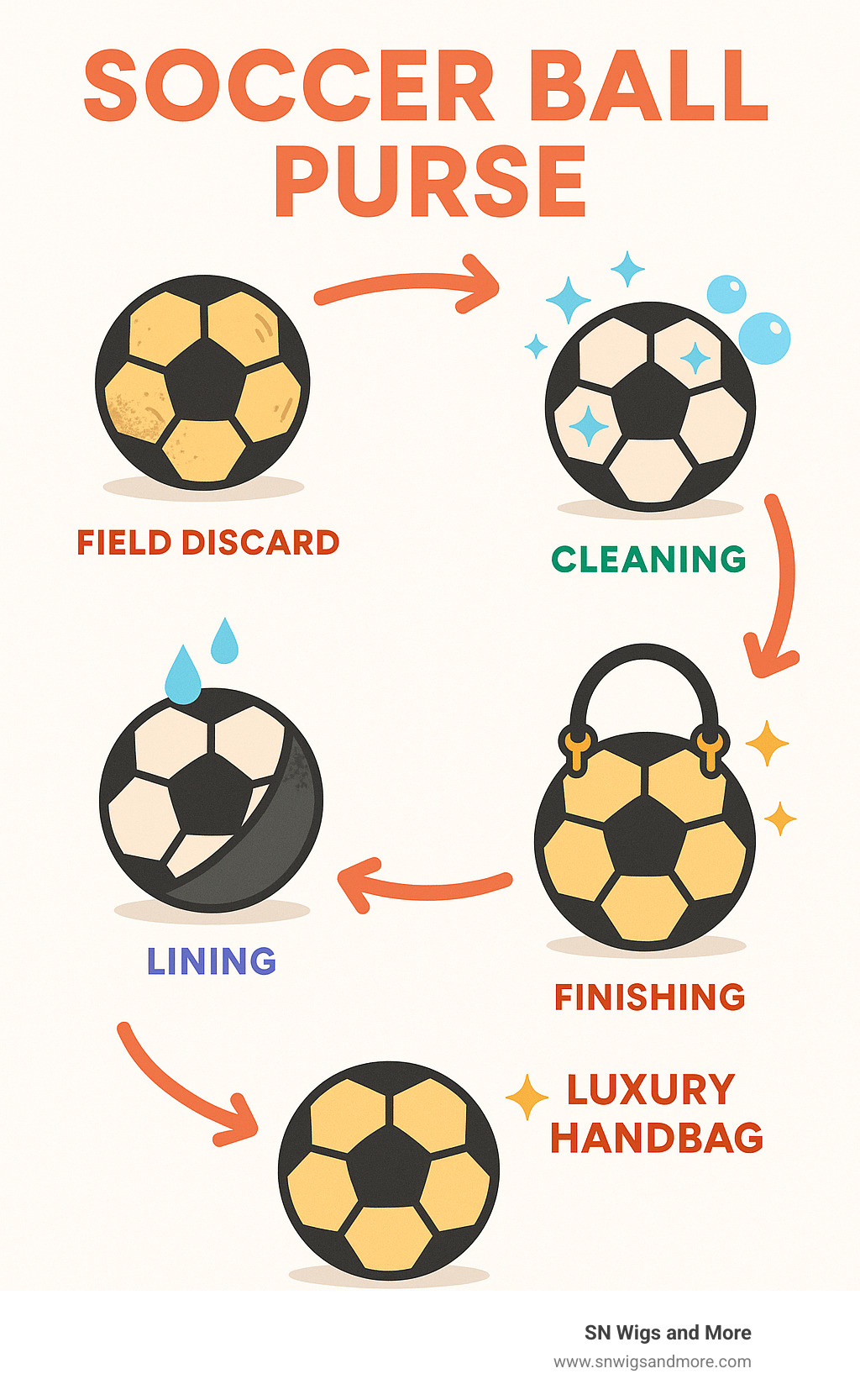 Infographic showing the lifecycle of an upcycled soccer ball from field discard to luxury handbag, including cleaning, treatment, lining, and finishing processes - soccer ball purse infographic 
