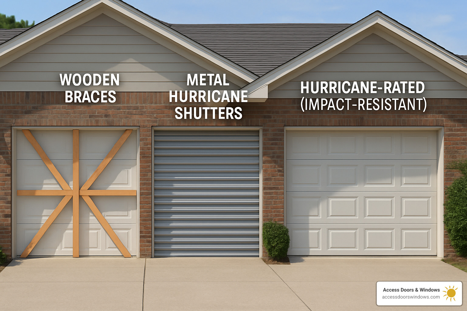 Comparison of different garage door hurricane protection methods showing braces, shutters, and hurricane-rated doors - garage door hurricane protection