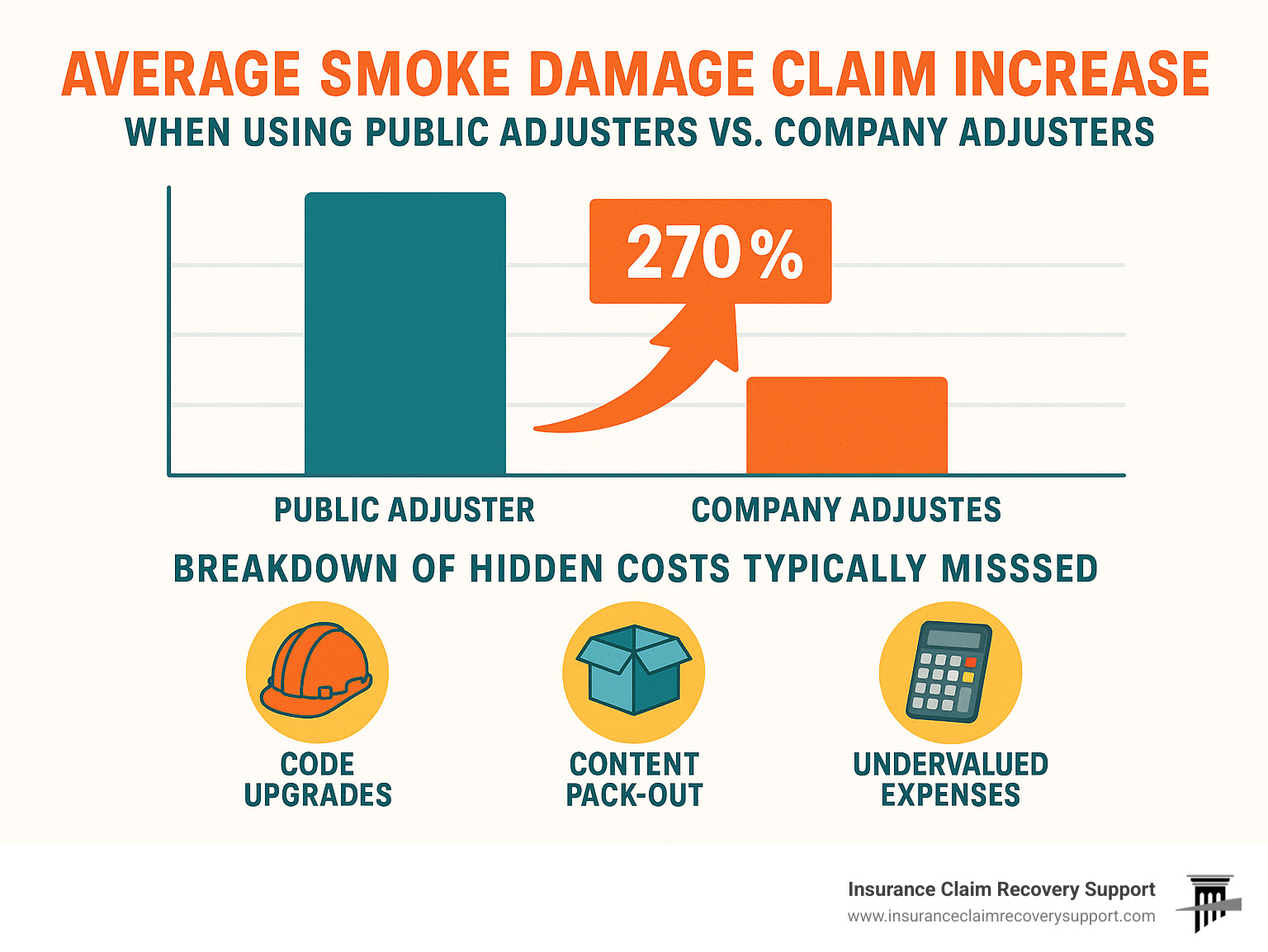 Statistical infographic showing average smoke damage claim increases when using public adjusters versus company adjusters, including breakdown of hidden costs typically missed - smoke damage adjuster infographic 