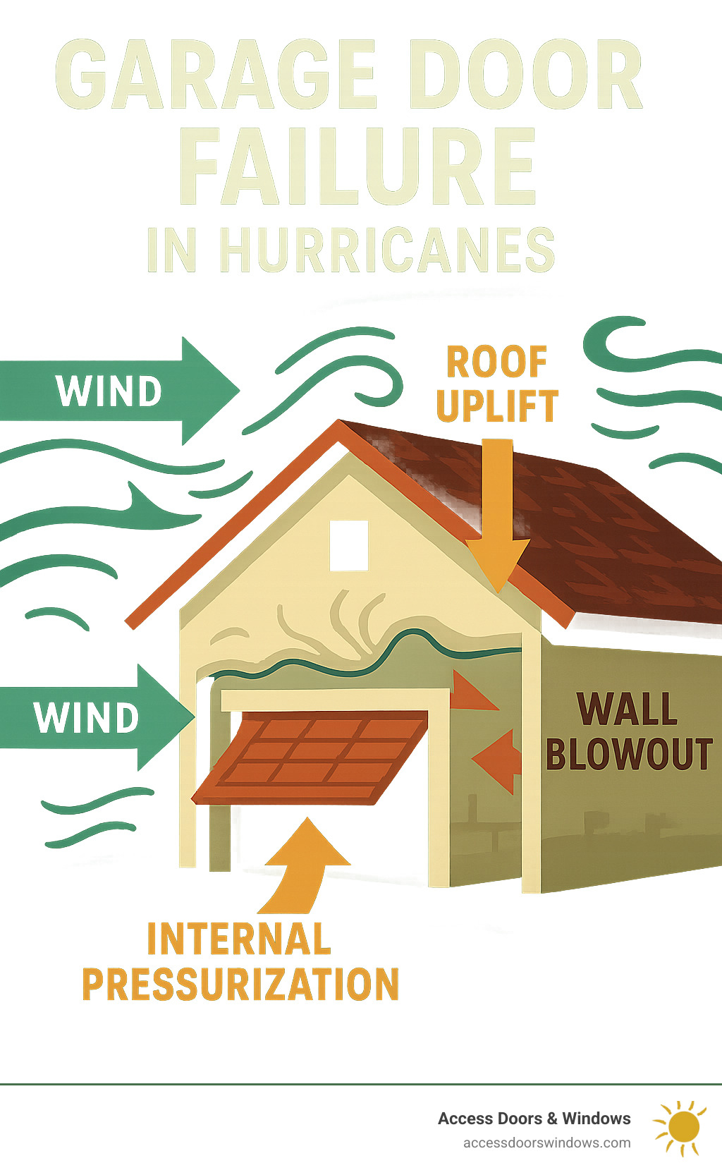 Infographic showing how garage door failure leads to internal home pressurization, wall blowouts, and roof uplift during hurricanes, with arrows demonstrating wind flow and pressure buildup - garage door hurricane protection infographic 