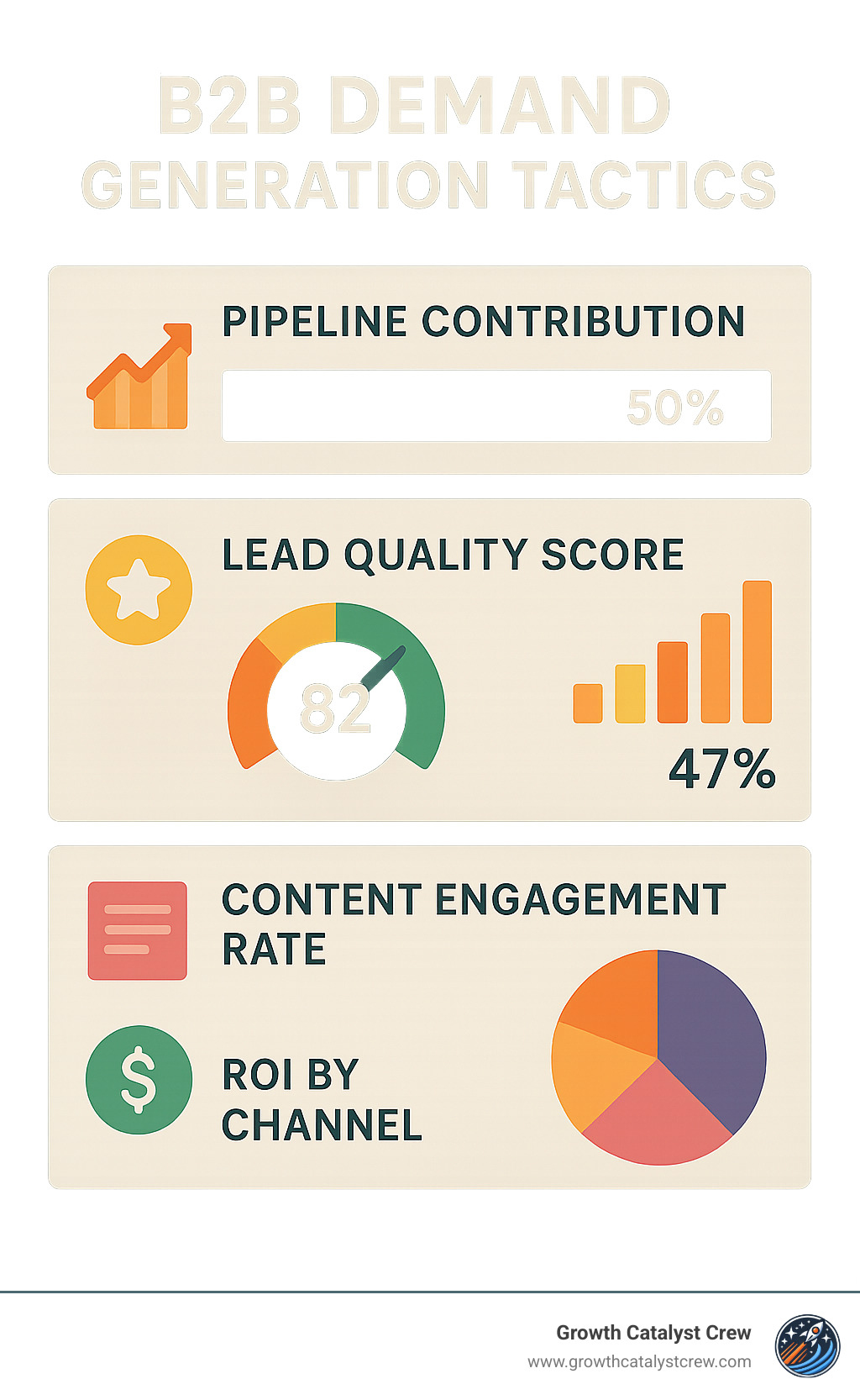 Performance dashboard showing key B2B demand generation metrics including pipeline contribution, lead quality scores, content engagement rates, and ROI across different channels and campaigns - b2b demand generation tactics infographic