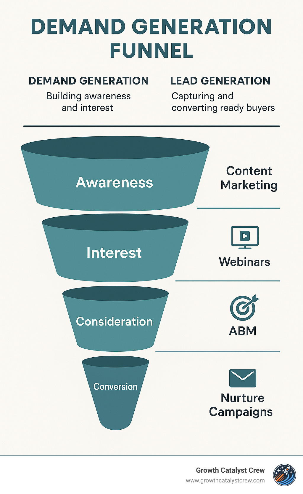 Comprehensive infographic showing the demand generation funnel from awareness through conversion, highlighting the difference between demand generation (building awareness and interest) and lead generation (capturing and converting ready buyers), with key tactics at each stage including content marketing, webinars, ABM, and nurture campaigns - b2b demand generation tactics infographic