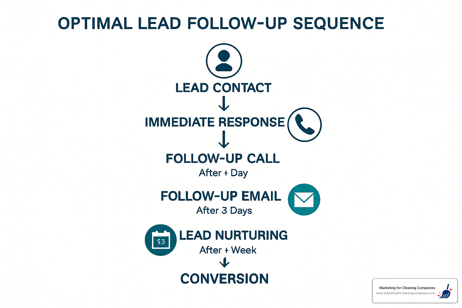 Workflow diagram showing optimal lead follow-up sequence from initial contact through conversion - lead generation websites for cleaning companies