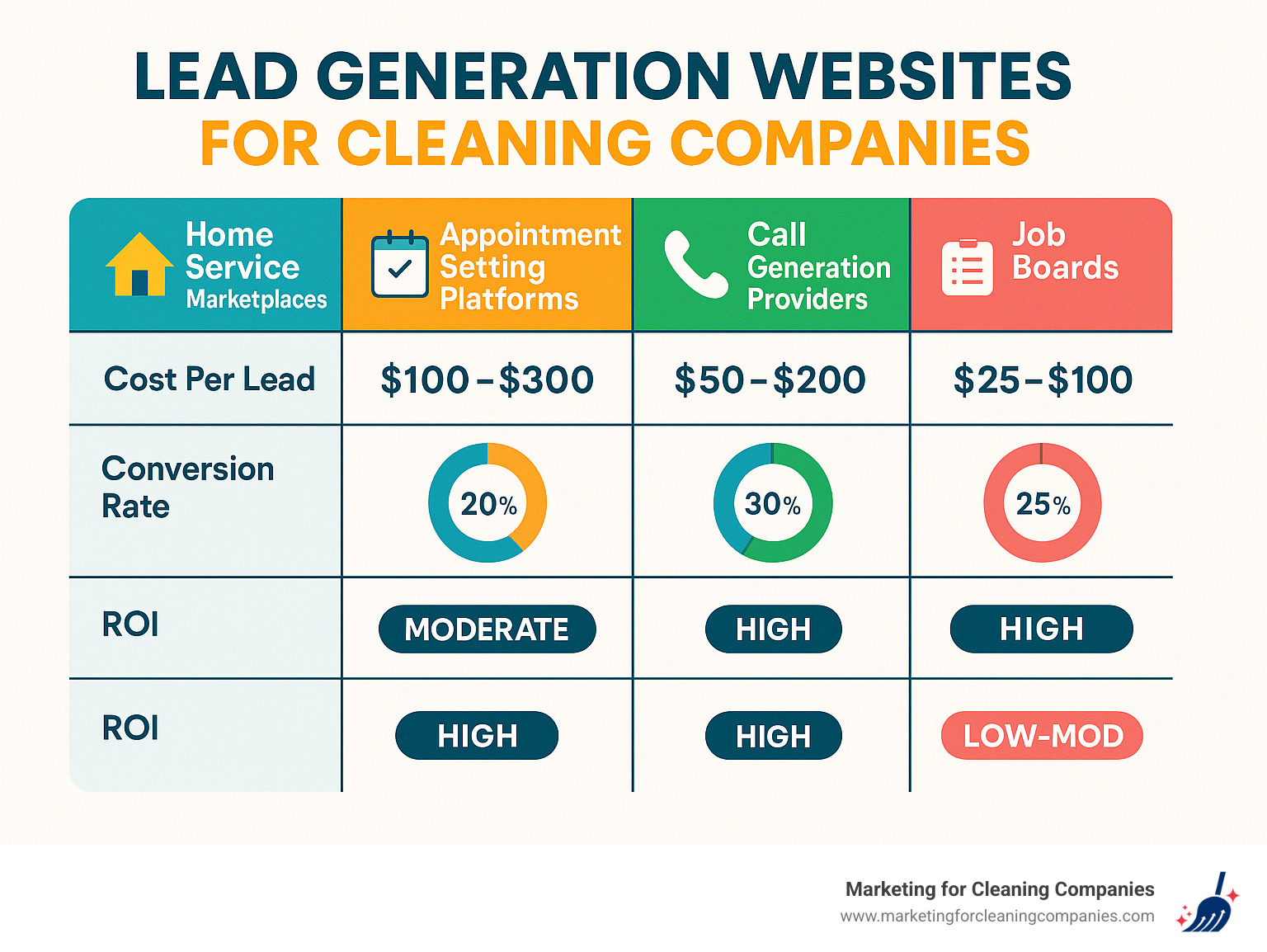 Detailed comparison infographic showing cost per lead, conversion rates, and ROI metrics across different lead generation platform types - lead generation websites for cleaning companies infographic