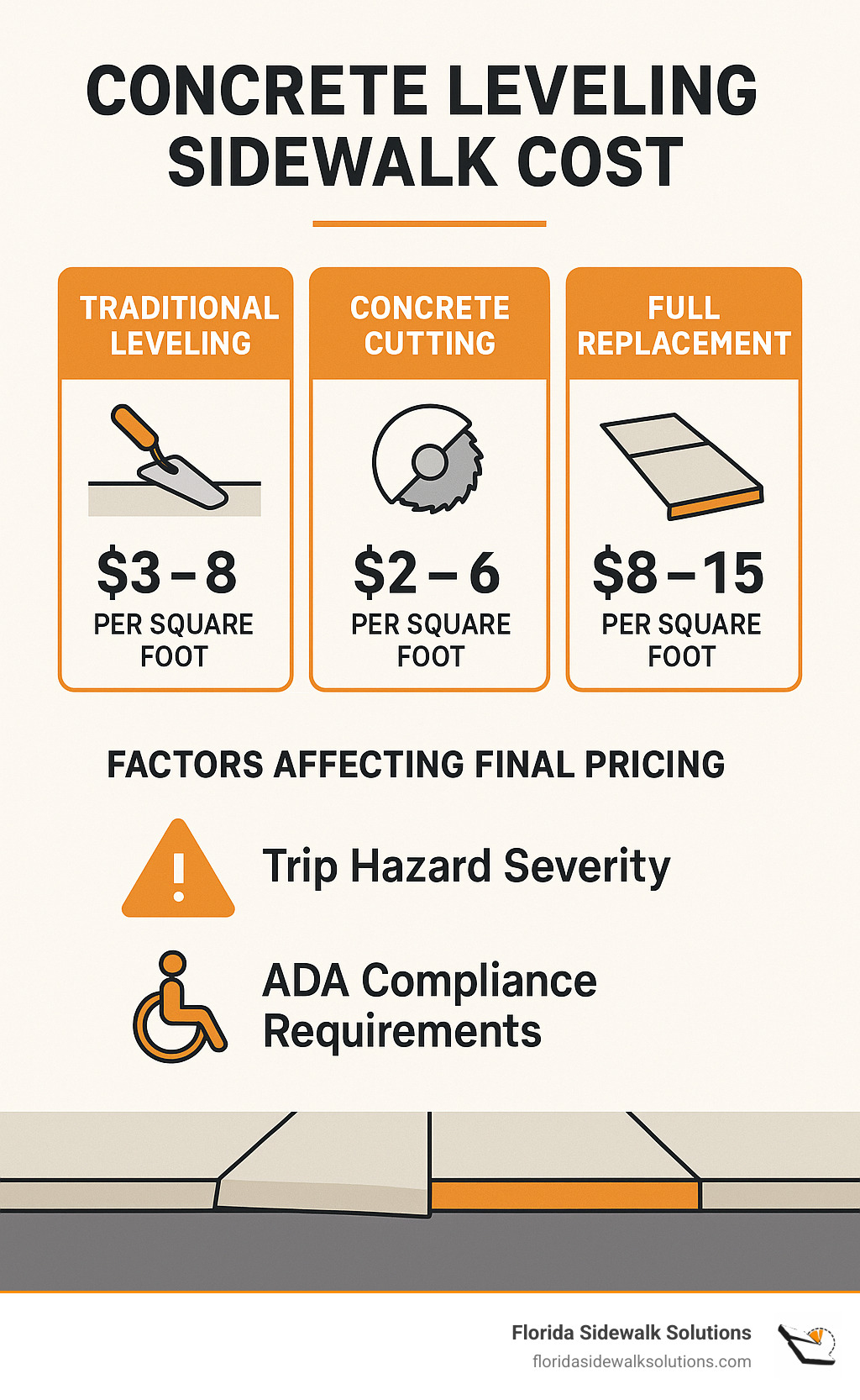 Detailed breakdown of concrete leveling sidewalk costs by method, showing price ranges for traditional leveling, concrete cutting, and full replacement, with factors affecting final pricing including trip hazard severity and ADA compliance requirements - concrete leveling sidewalk cost infographic 