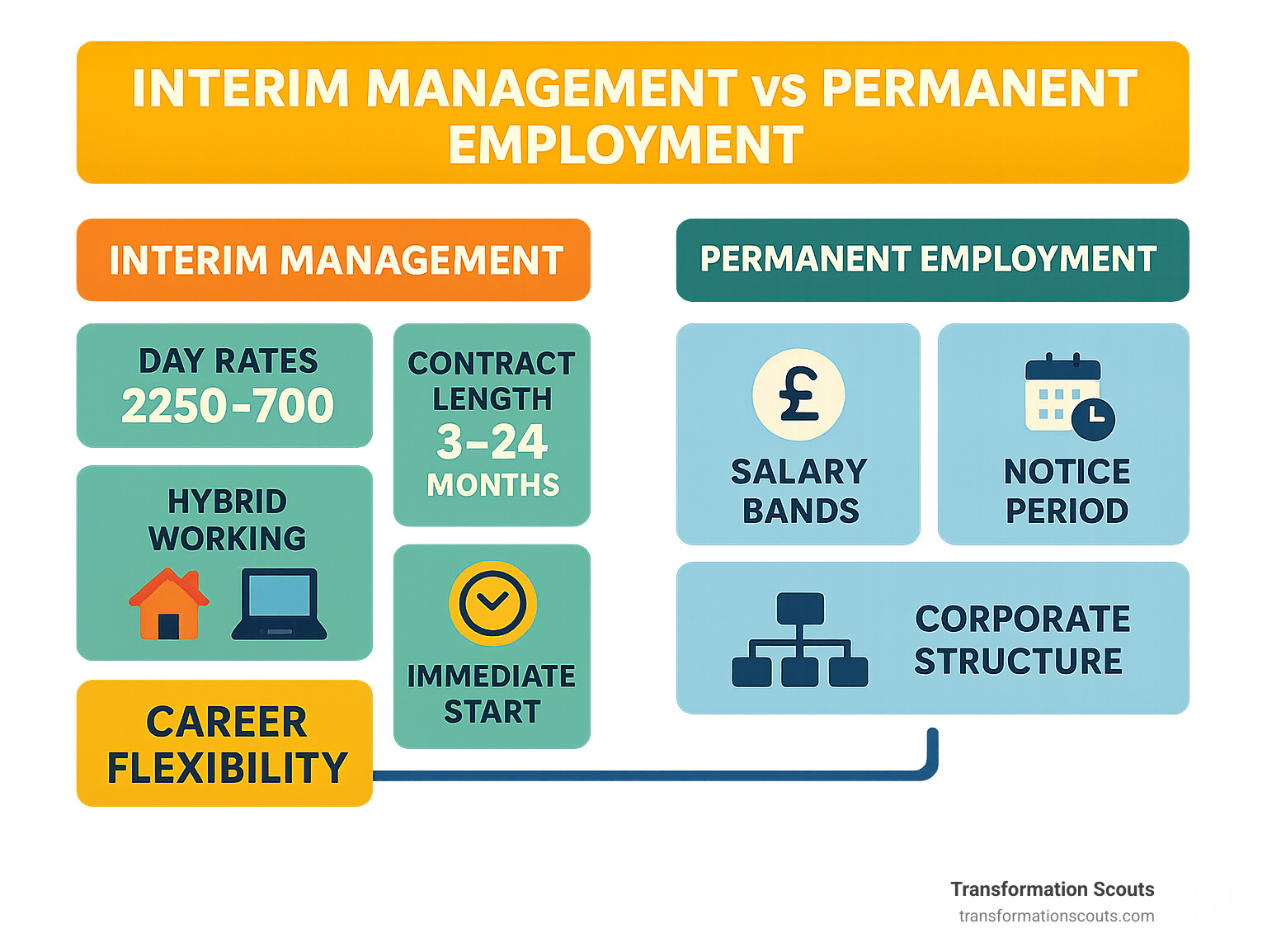 Detailed comparison infographic showing interim management career path versus permanent employment path, including day rates £250-700, contract lengths 3-24 months, hybrid working options, immediate start requirements, and career flexibility benefits versus permanent salary bands, notice periods, and traditional corporate structures - interim management jobs london infographic