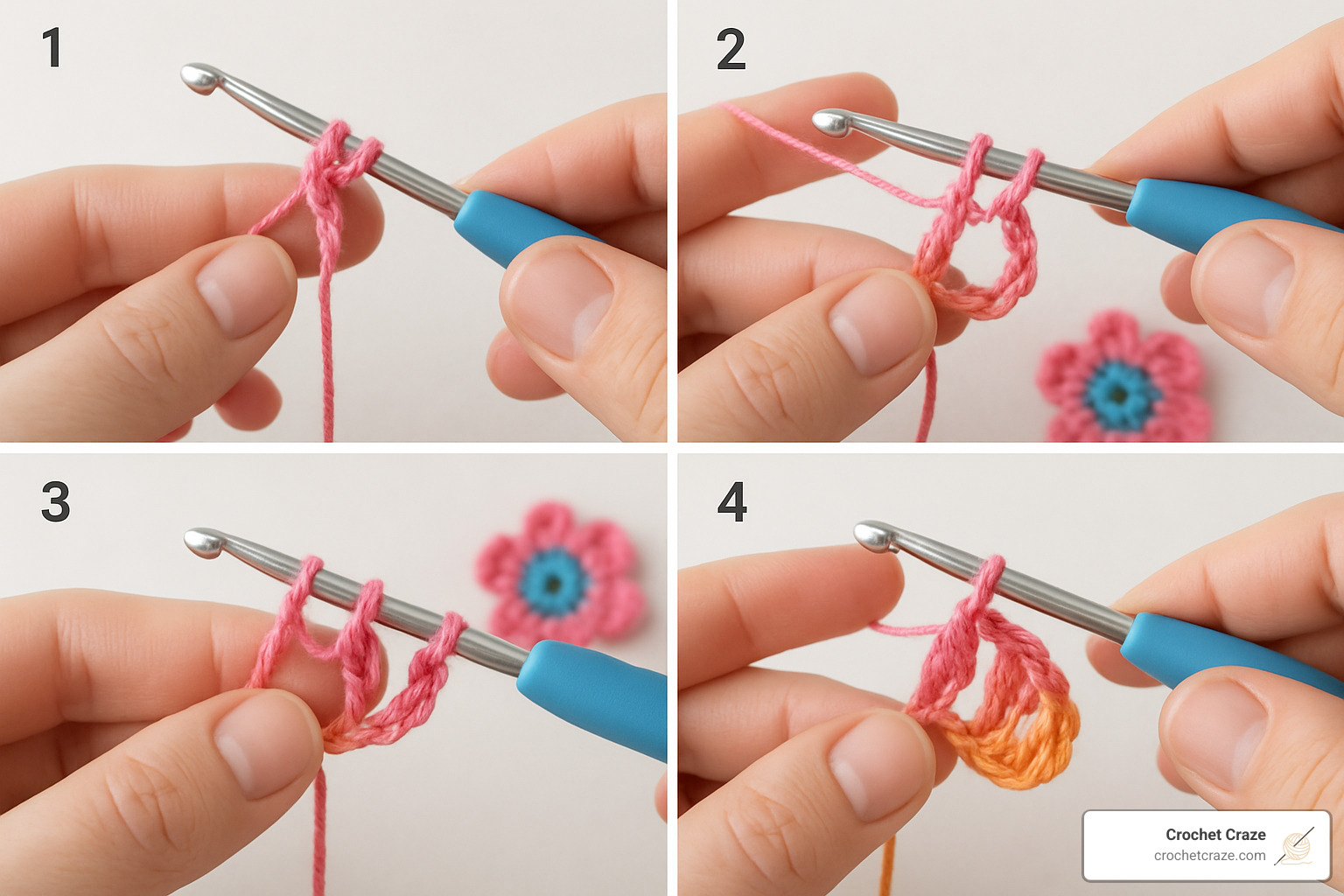 Step-by-step demonstration of petal formation showing chain loops and double crochet clusters - crochet flowers for beginners