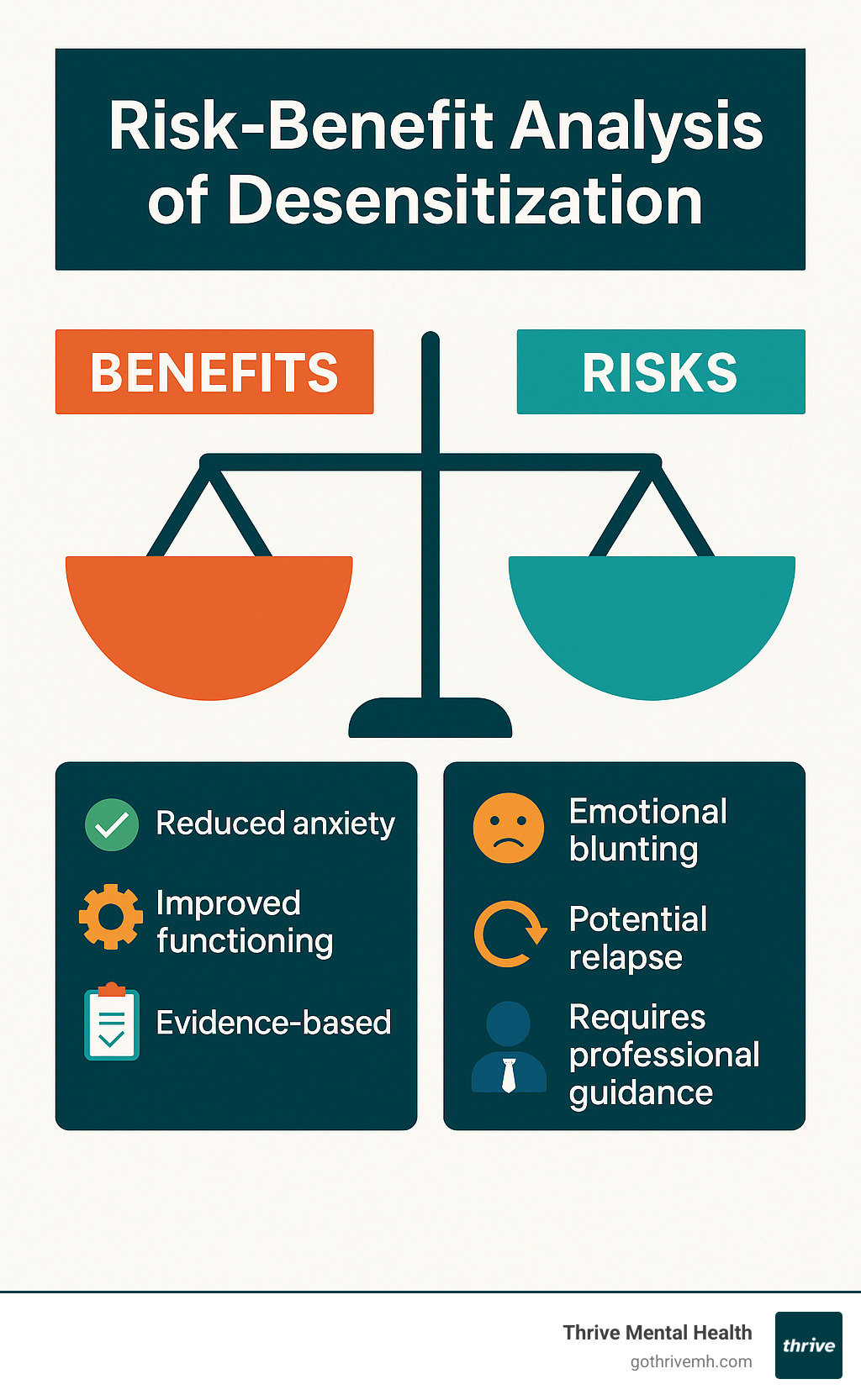 Risk-benefit analysis infographic showing therapeutic desensitization benefits (reduced anxiety, improved functioning, evidence-based) versus risks (emotional blunting, potential relapse, requires professional guidance) - desensitization infographic 