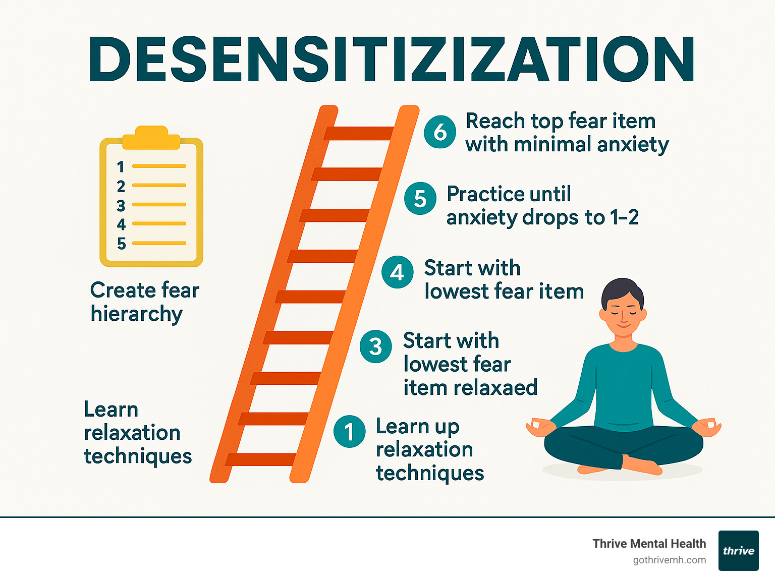 Detailed infographic showing the desensitization process as a ladder with steps: 1) Learn relaxation techniques at bottom, 2) Create fear hierarchy ranking triggers 1-10, 3) Start with lowest fear item while relaxed, 4) Practice until anxiety drops to 1-2, 5) Move up ladder gradually, 6) Reach top fear item with minimal anxiety - desensitization infographic 