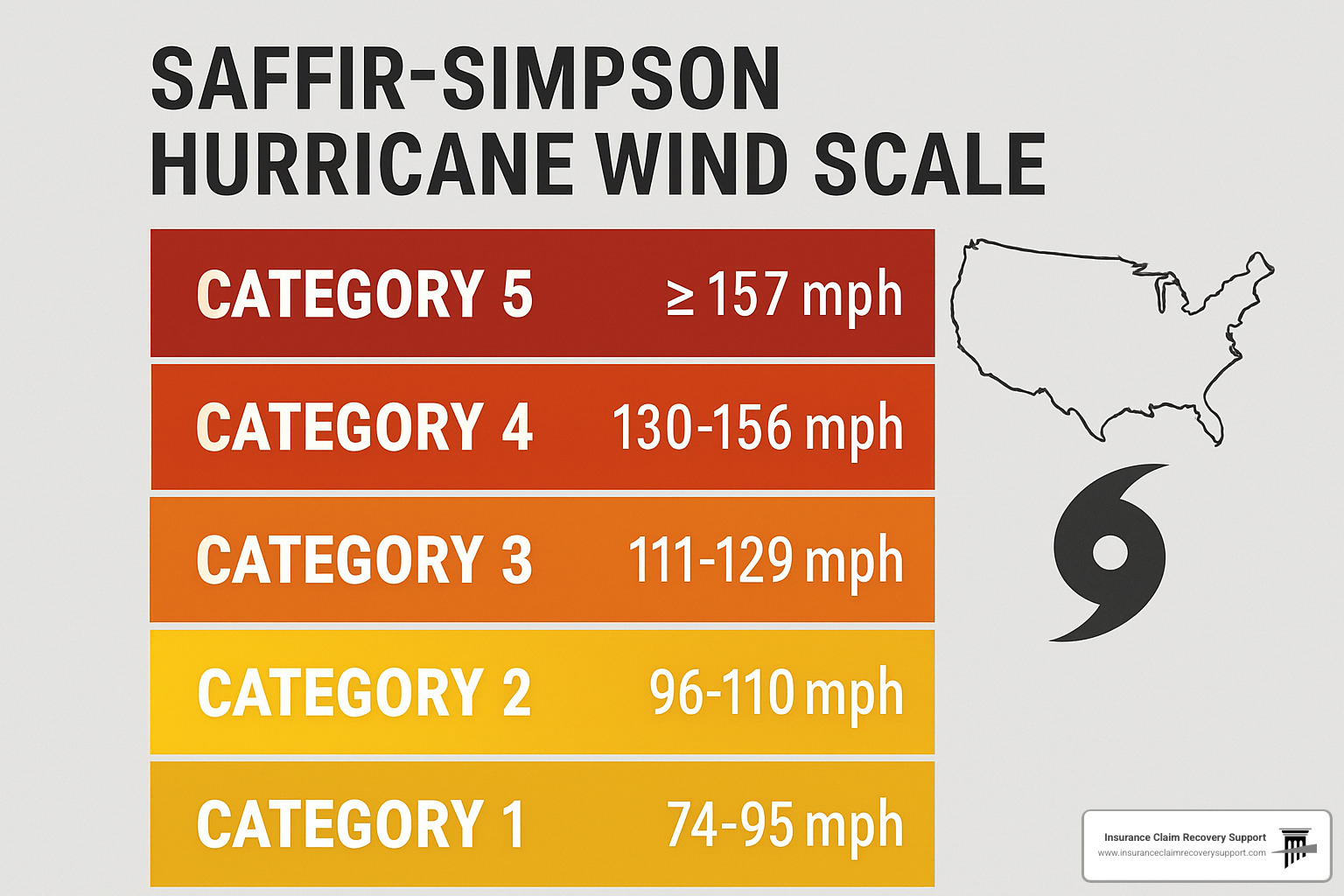 color-coded hurricane category chart showing wind speeds - saffir simpson scale