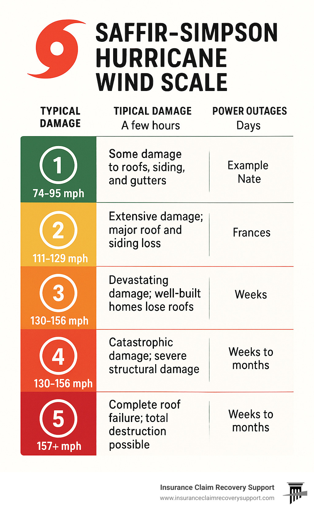 Detailed infographic showing Saffir-Simpson Hurricane Wind Scale categories 1-5 with corresponding wind speeds in mph, typical structural damage descriptions, power outage duration, and example storm names for each category - saffir simpson scale infographic 