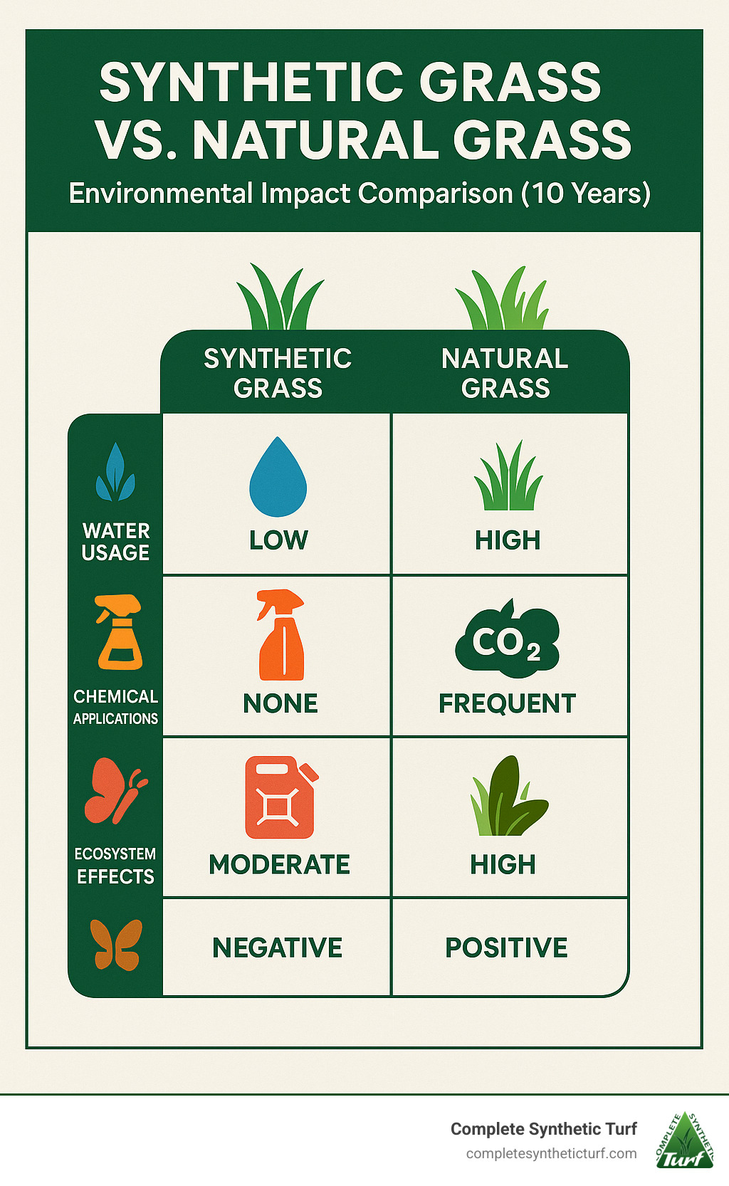 Environmental impact comparison showing water usage, chemical applications, carbon footprint, and ecosystem effects of synthetic versus natural grass over a 10-year period - Synthetic grass vs natural grass infographic 