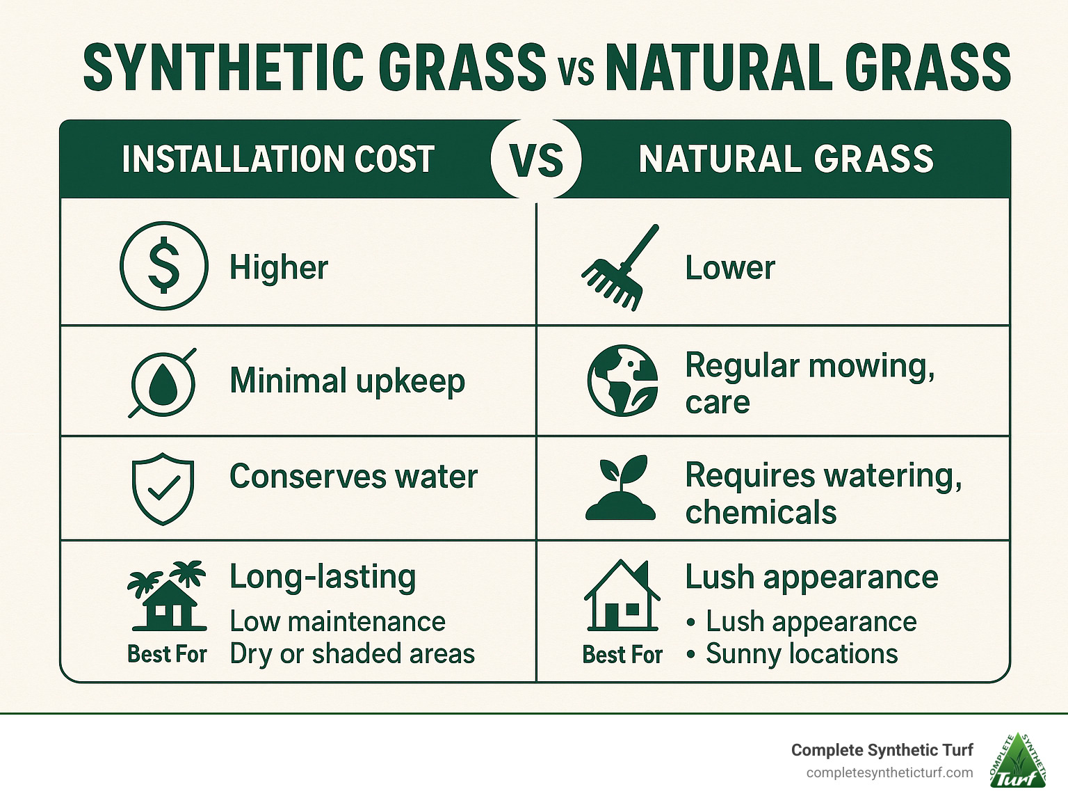 Comprehensive comparison infographic showing synthetic grass versus natural grass across installation costs, maintenance requirements, environmental impact, durability factors, and best use cases for Florida homeowners and property managers - Synthetic grass vs natural grass infographic 