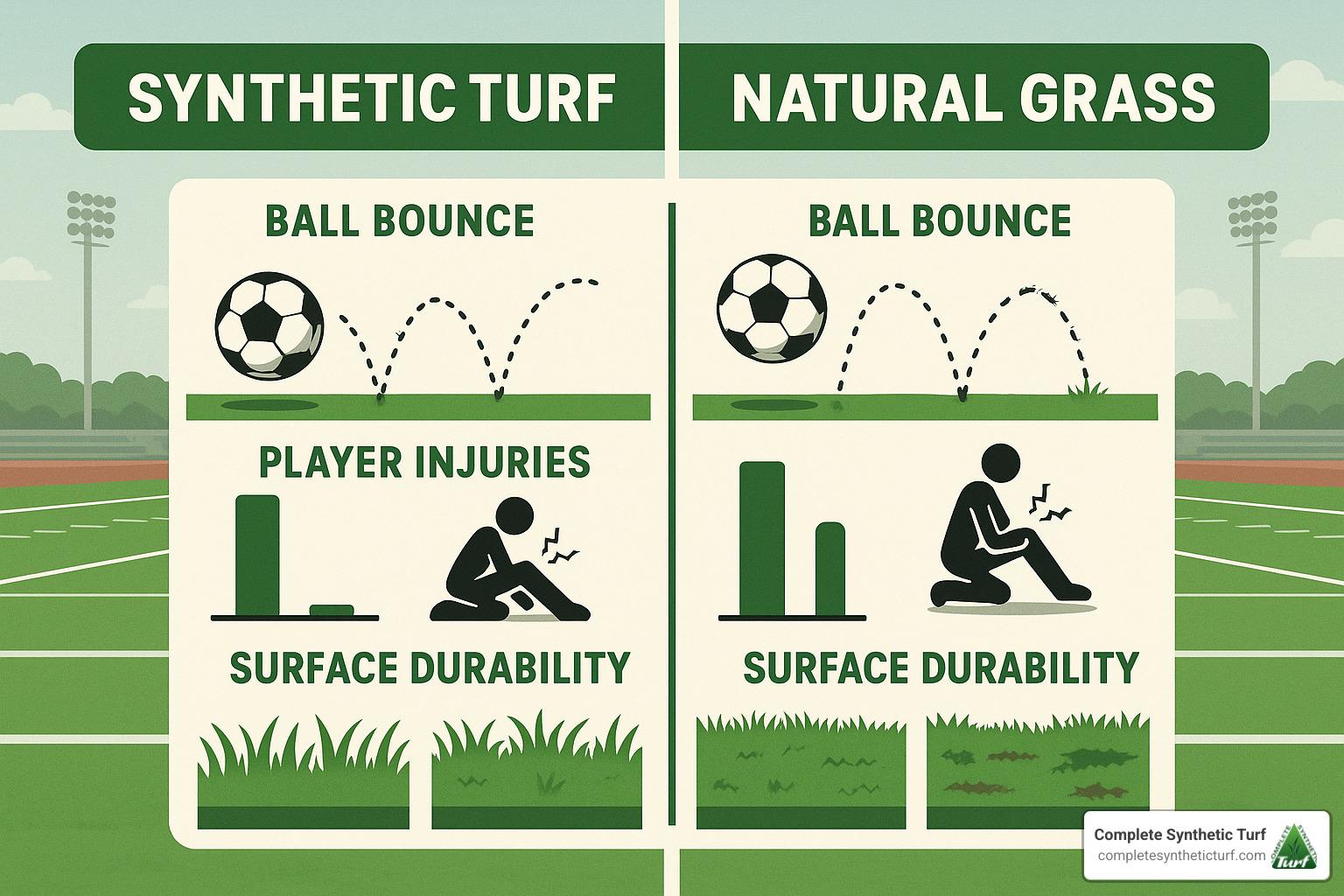 Sports performance comparison showing ball bounce consistency, player injury rates, and surface durability between synthetic and natural grass fields - Synthetic grass vs natural grass