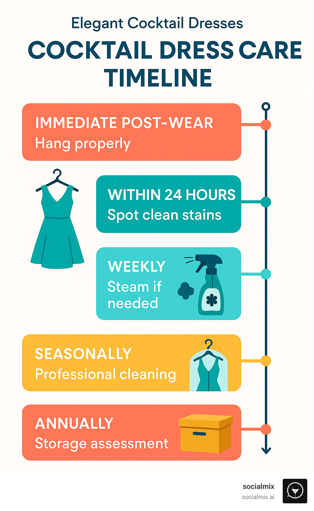 Infographic showing cocktail dress care timeline: immediate post-wear (hang properly), within 24 hours (spot clean stains), weekly (steam if needed), seasonally (professional cleaning), annually (storage assessment) - Neat cocktail dresses infographic 