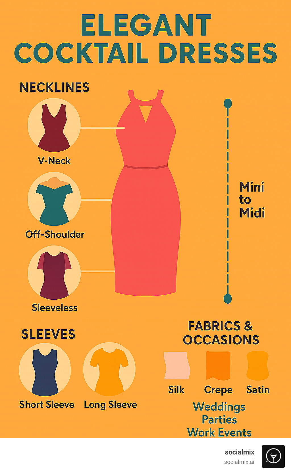 Infographic showing cocktail dress anatomy with labeled parts including neckline options (V-neck, off-shoulder, halter), sleeve variations (sleeveless, short sleeve, long sleeve), length guidelines (mini to midi), and fabric recommendations (silk, crepe, satin) with occasion pairings - Neat cocktail dresses infographic 