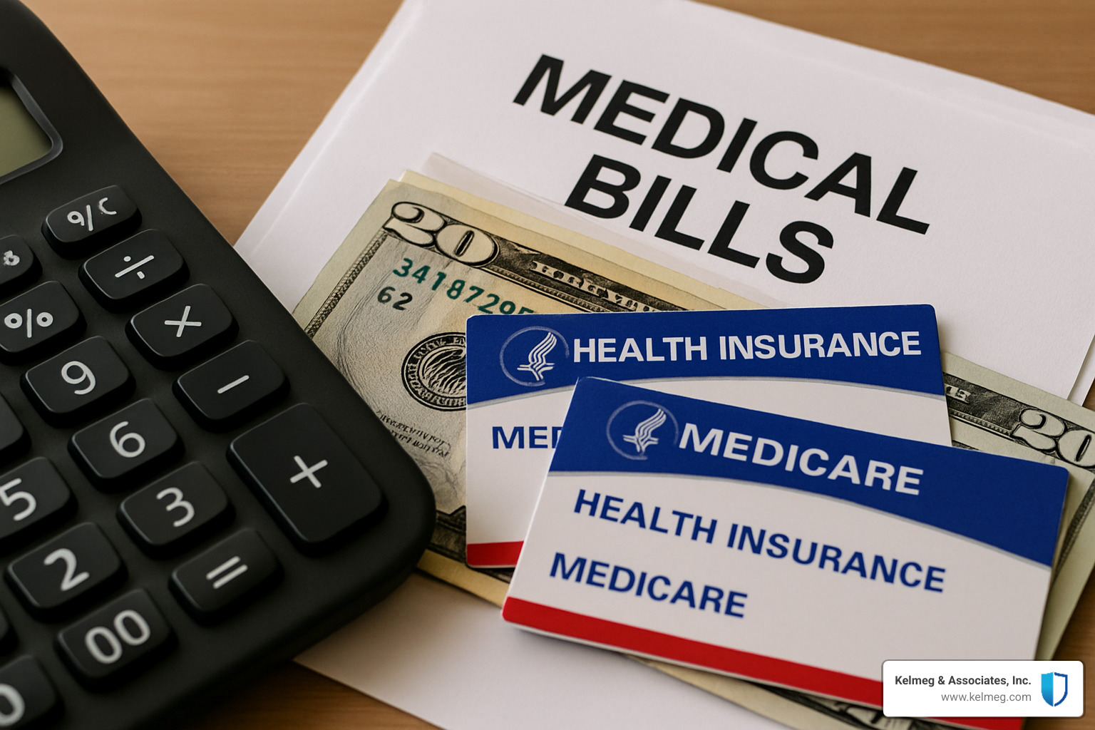 calculator next to medical bills and Medicare cards - applying for medicare in colorado