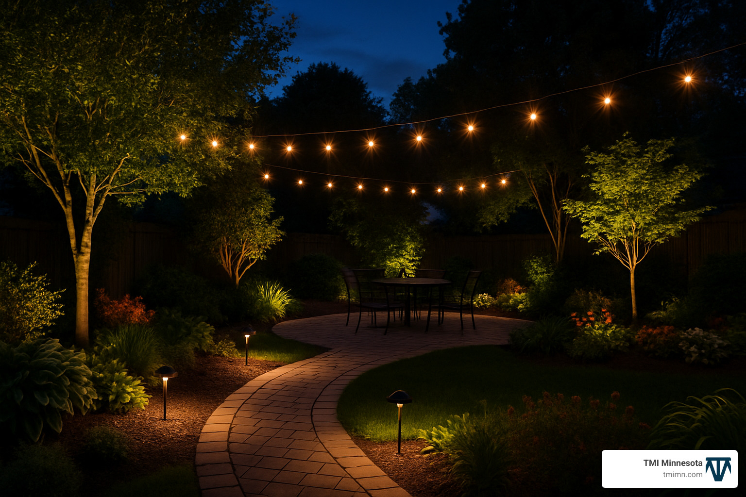 Mixed outdoor lighting fixtures including string lights, path lights, and spotlights creating layered illumination in a backyard garden setting - backyard garden lighting ideas