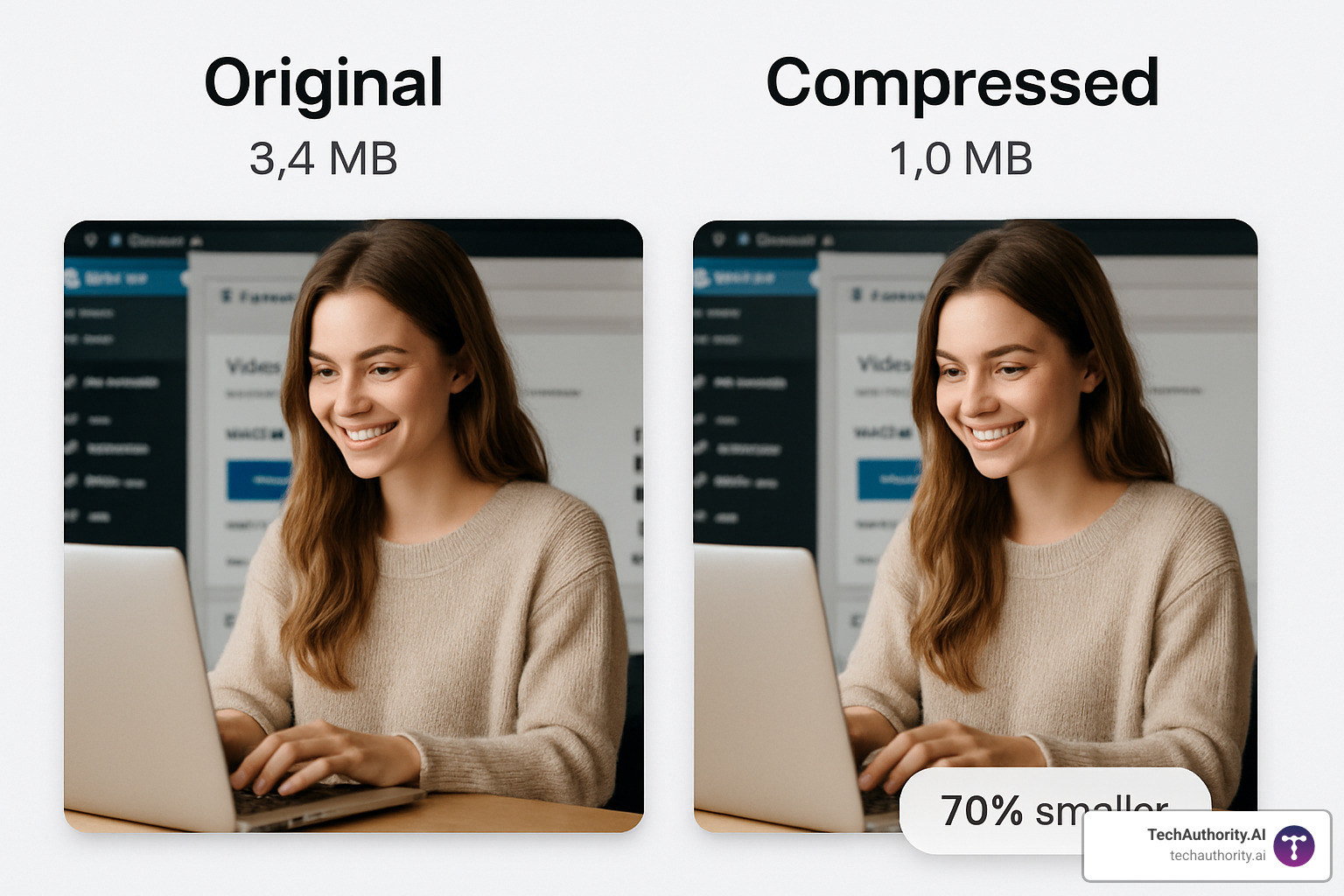 Comparison of compressed vs original image file sizes showing 70% reduction while maintaining quality - wordpress seo strategies
