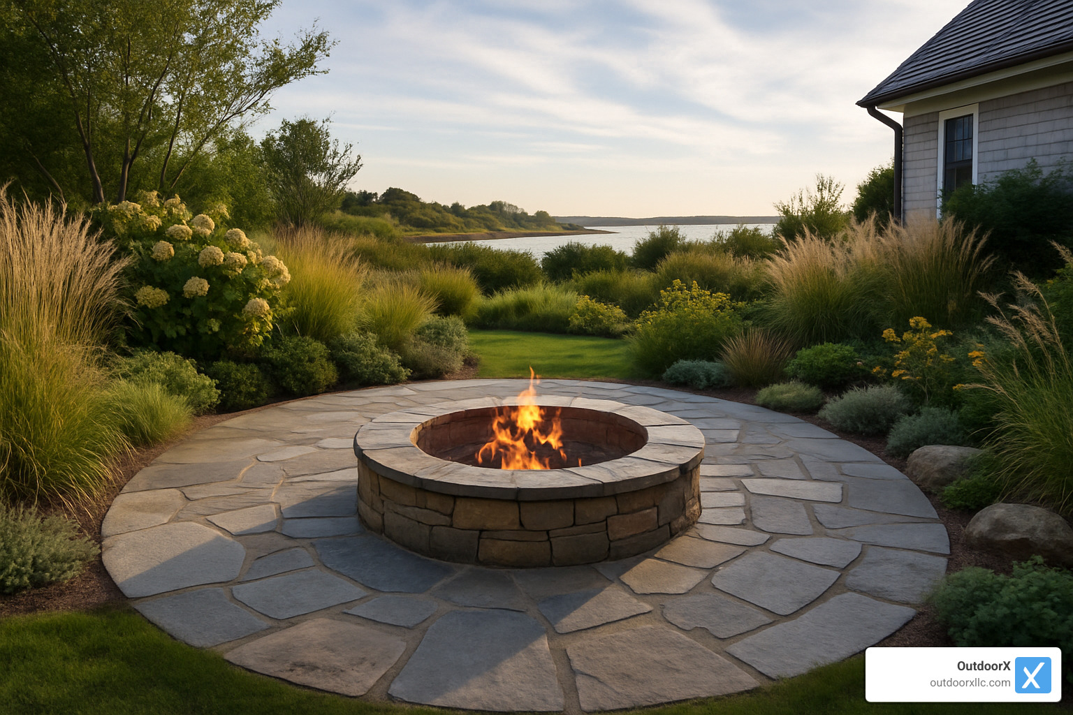 Natural stone patio with integrated fire pit surrounded by native plantings and coastal grasses - landscape architect beverly ma