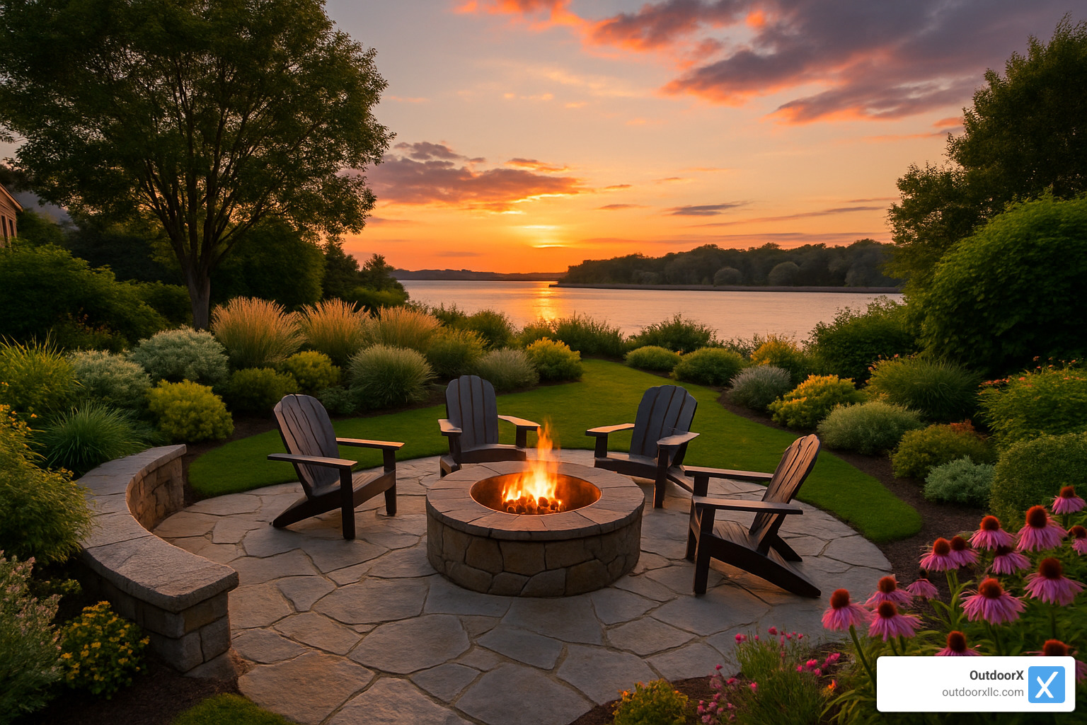 Transformed Beverly backyard at sunset showing integrated patio, fire pit, and coastal plantings with distant water views - landscape architect beverly ma