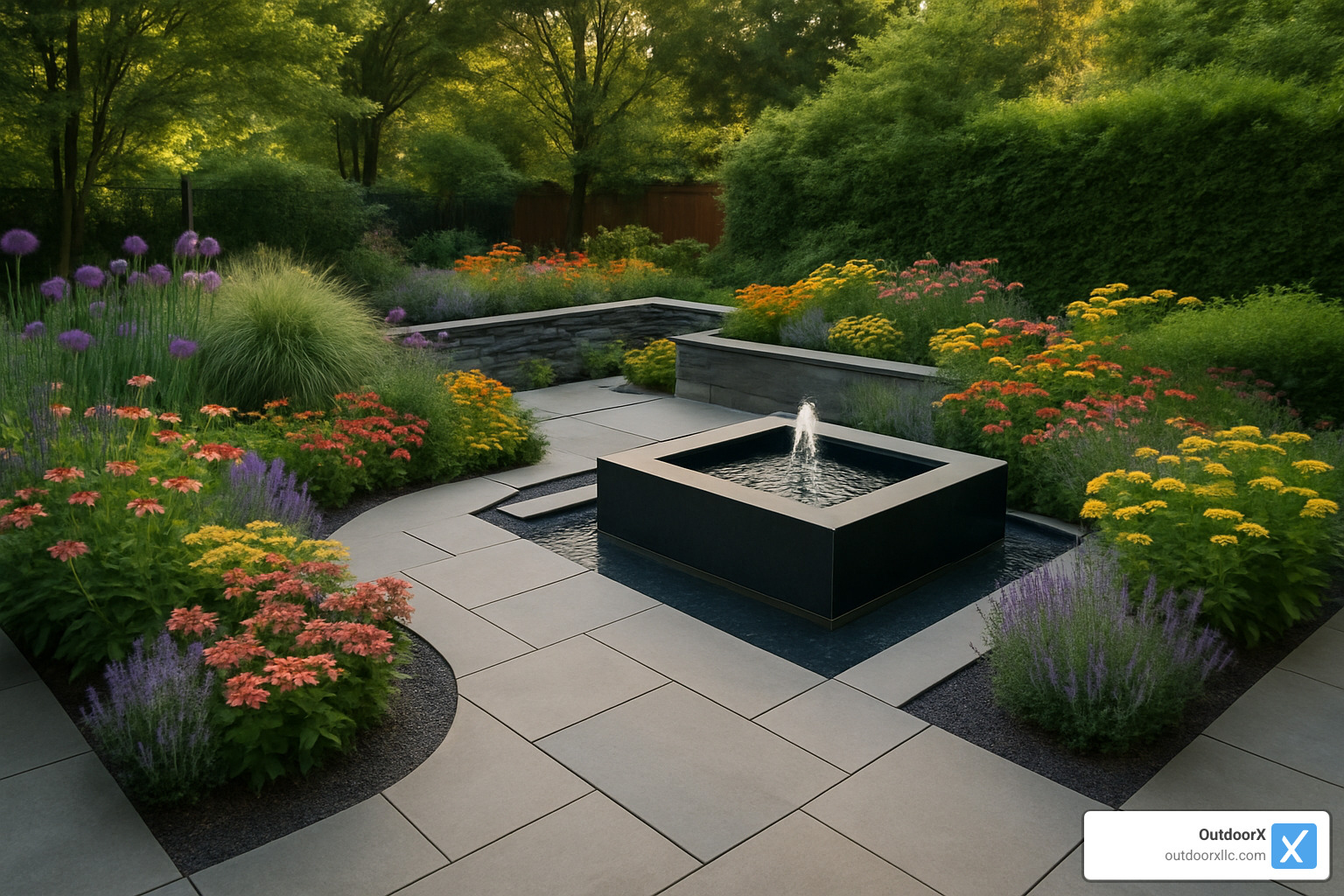 Award-winning courtyard garden featuring geometric hardscaping balanced with flowing plantings and integrated water feature - landscape architect beverly ma