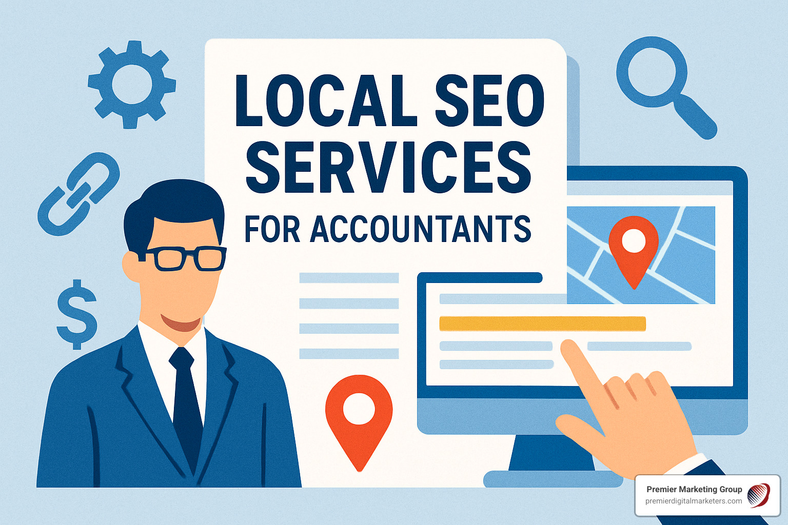 Screenshot of a comprehensive SEO analytics dashboard showing local search rankings, Google Business Profile insights, website traffic from local searches, phone call tracking, and lead conversion metrics with month-over-year growth indicators - local seo services for accountants