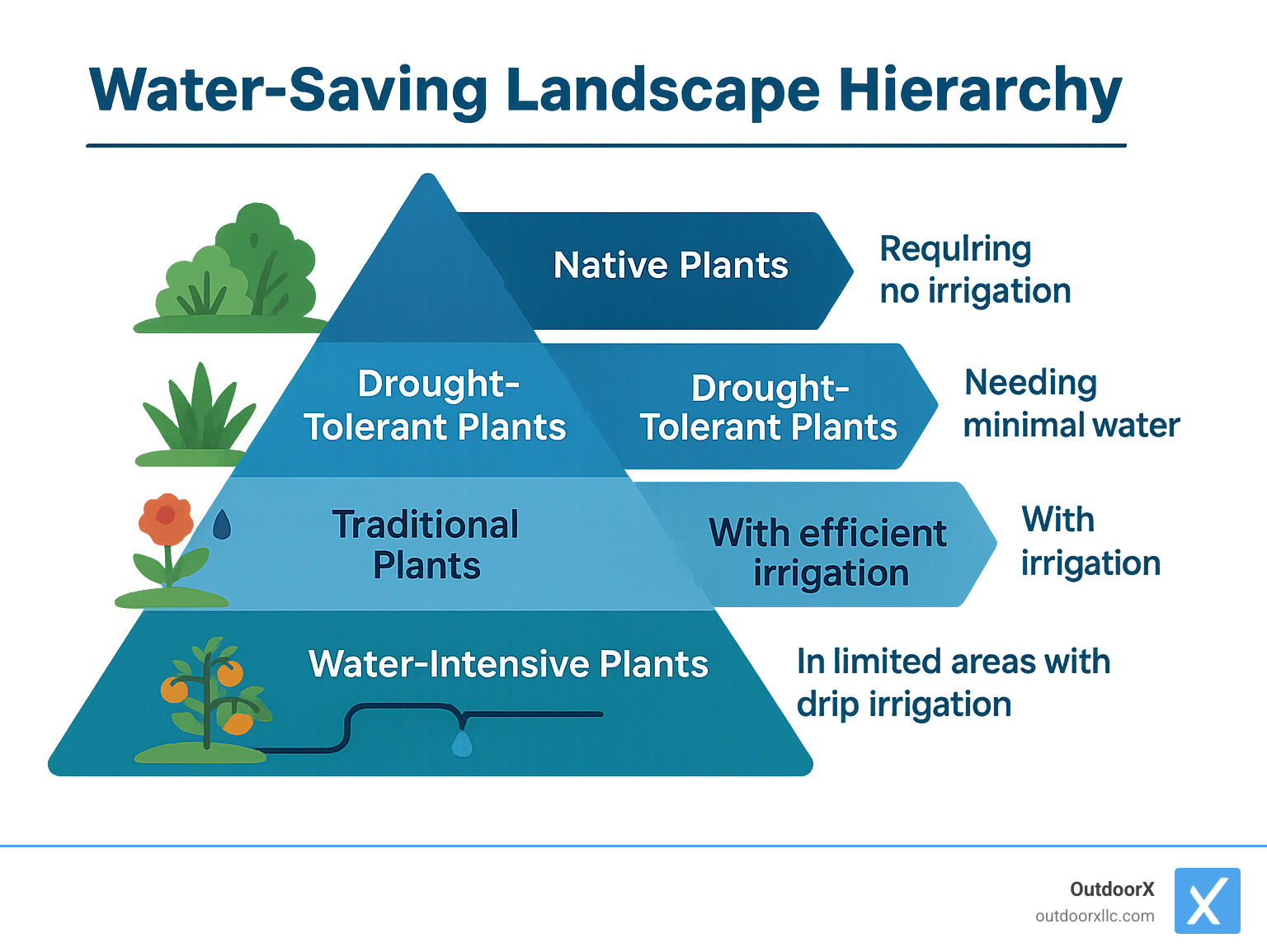 Infographic showing water-saving landscape hierarchy: 1) Native plants requiring no irrigation, 2) Drought-tolerant plants needing minimal water, 3) Traditional plants with efficient irrigation, 4) Water-intensive plants in limited areas with drip irrigation - landscape architect beverly ma infographic