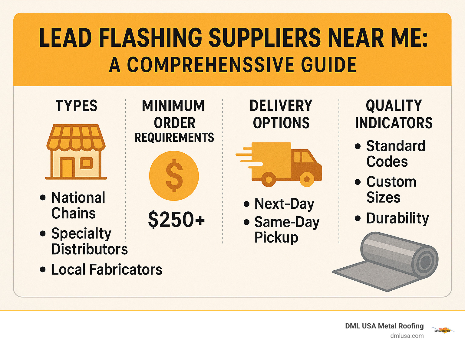 Comprehensive guide showing local supplier types, minimum order requirements, delivery options, and quality indicators for lead flashing suppliers including national chains, specialty distributors, and local fabricators - lead flashing suppliers near me infographic 