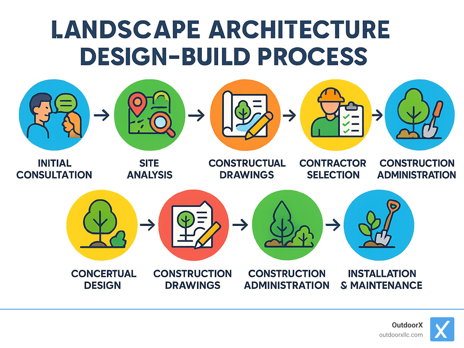 Infographic showing the landscape architecture design-build process from initial consultation through site analysis, conceptual design, construction drawings, contractor selection, construction administration, and final installation with ongoing maintenance planning - landscape architect beverly ma infographic