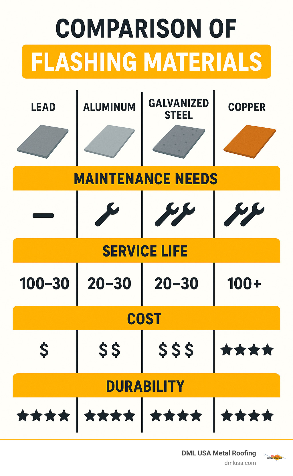Comparison chart showing maintenance needs, service life, cost, and durability ratings for lead, aluminum, galvanized steel, and copper flashing materials - lead flashing suppliers near me infographic 