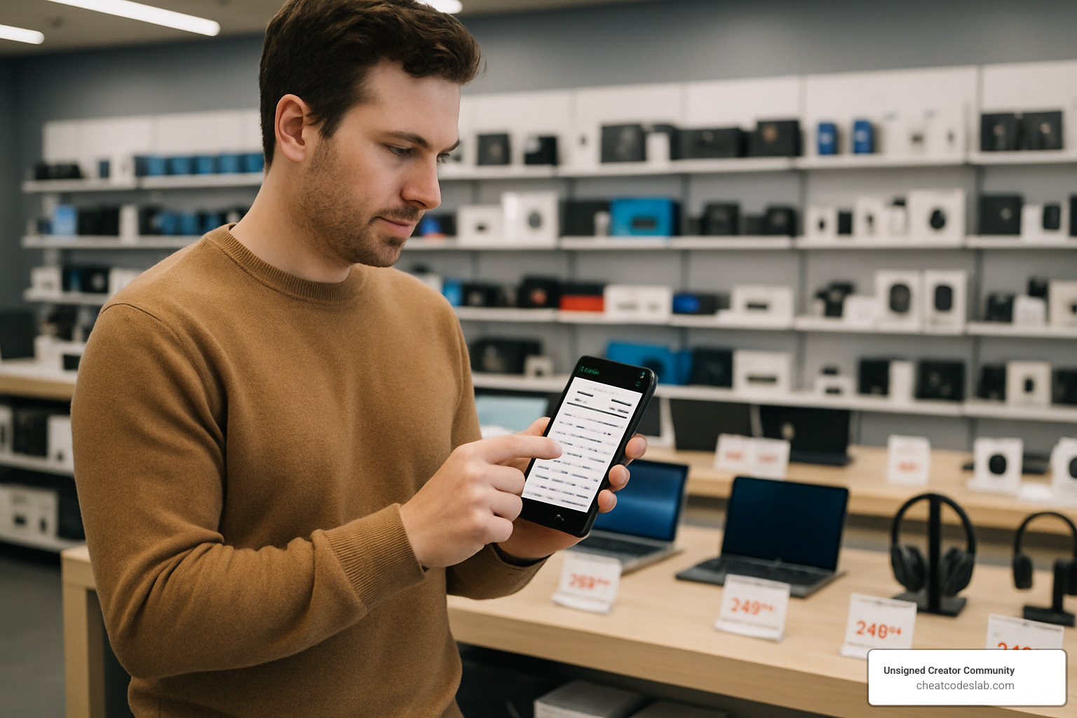 shopper comparing product specifications on smartphone while browsing deals - Tech Reviews