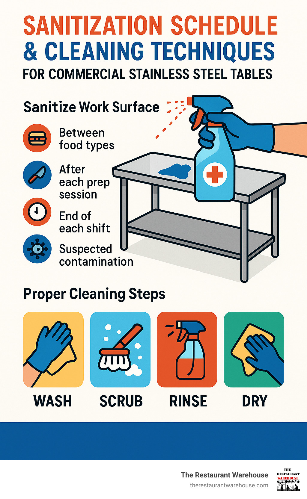 Infographic showing sanitization schedule and proper cleaning techniques for commercial stainless steel tables - commercial kitchen stainless steel tables infographic 