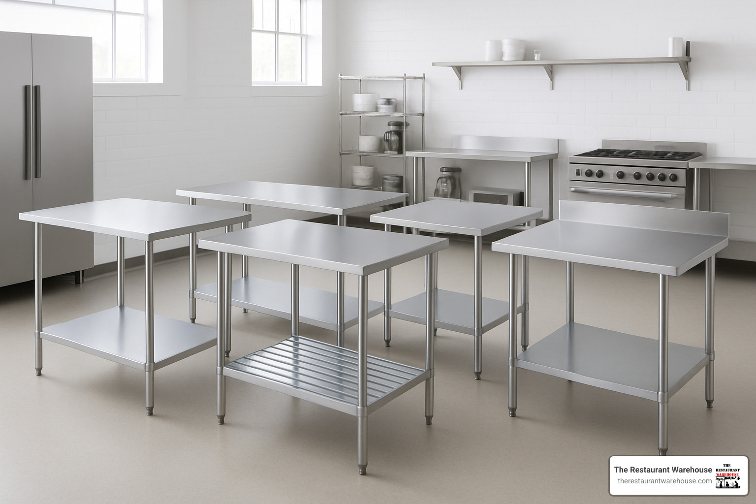 Different types of commercial stainless steel tables lineup - commercial kitchen stainless steel tables