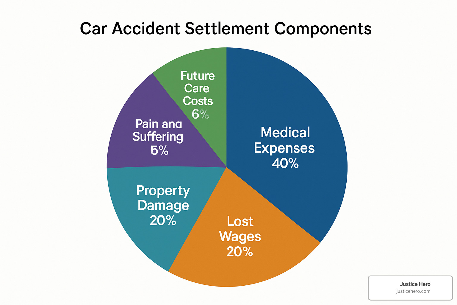 pie chart showing breakdown of typical car accident settlement components including medical expenses, lost wages, property damage, pain and suffering, and future care costs - motor vehicle accident attorney