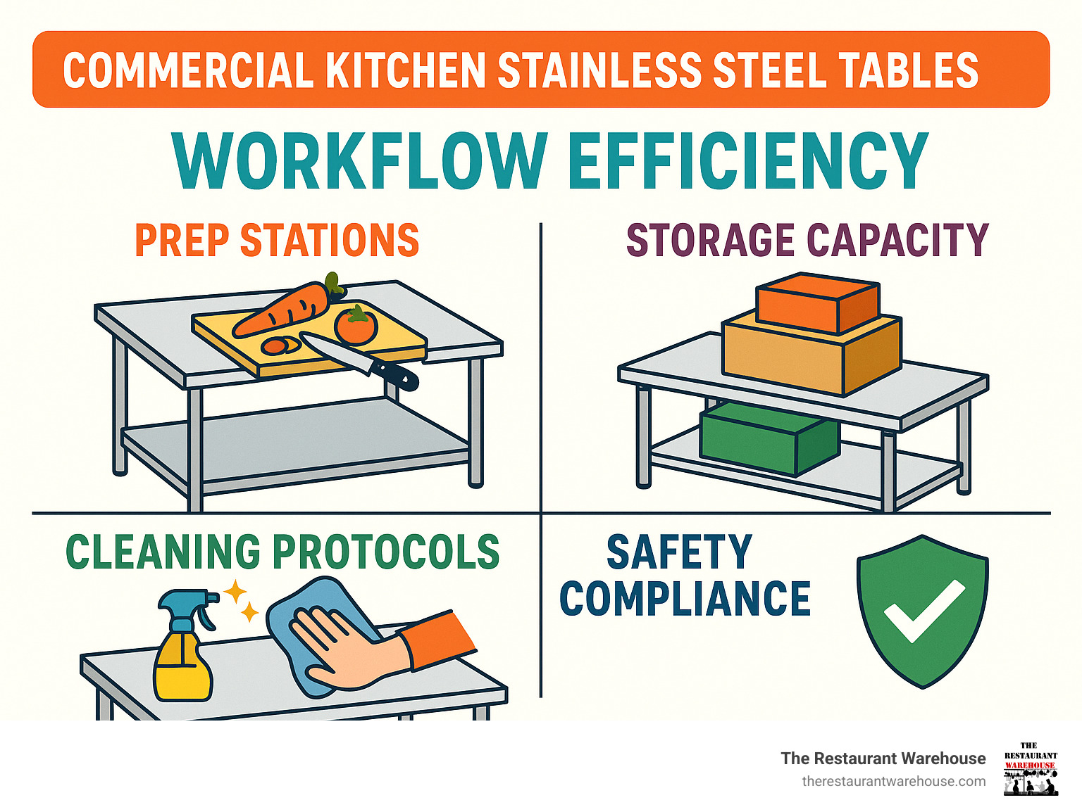 Infographic showing commercial kitchen workflow efficiency with stainless steel tables featuring prep stations, storage capacity, cleaning protocols, and safety compliance ratings - commercial kitchen stainless steel tables infographic 