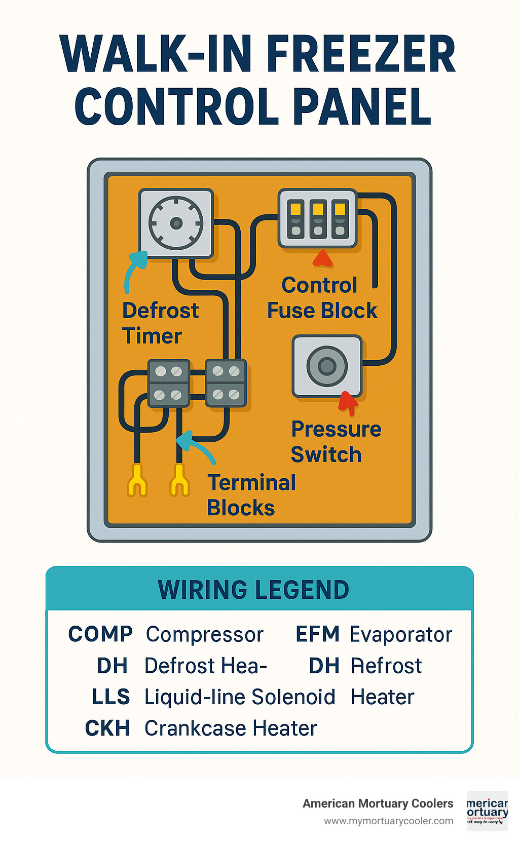 Walk-in freezer control panel showing labeled components and terminal connections - commercial walk in freezer wiring diagram infographic 
