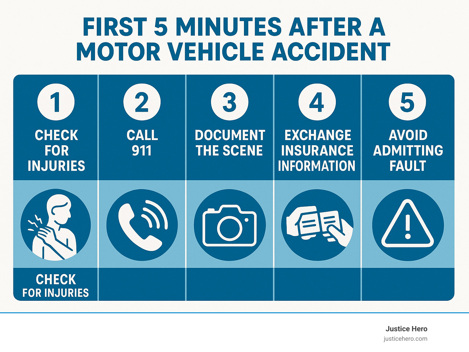 Infographic showing step-by-step actions to take in the first 5 minutes after a motor vehicle accident, including checking for injuries, calling 911, documenting the scene with photos, exchanging insurance information, avoiding fault admissions, and contacting emergency services - motor vehicle accident attorney infographic