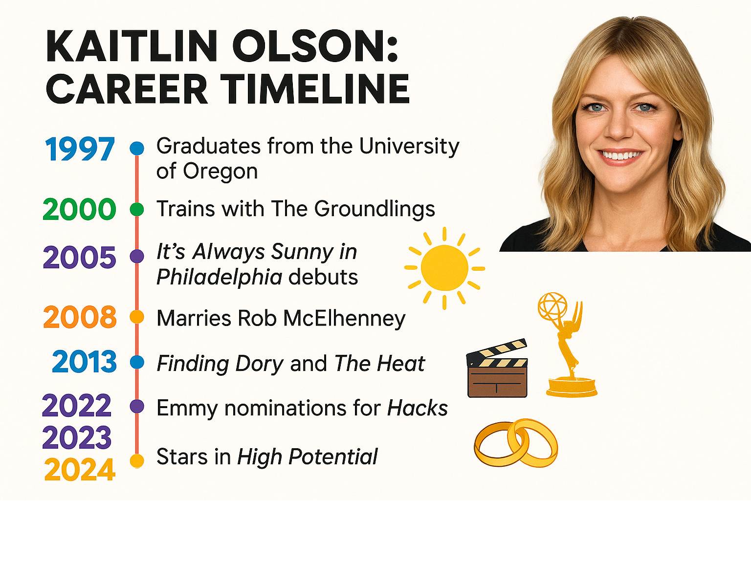 Detailed infographic showing Kaitlin Olson's career timeline from 1997 University of Oregon graduation through 2024, highlighting major milestones including Groundlings training, It's Always Sunny debut, marriage to Rob McElhenney, major film roles, Emmy nominations, and recent projects - kaitlin olson infographic Detailed infographic showing Kaitlin Olson's career timeline from 1997 University of Oregon graduation through 2024, highlighting major milestones including Groundlings training, It's Always Sunny debut, marriage to Rob McElhenney, major film roles, Emmy nominations, and recent projects - kaitlin olson infographic