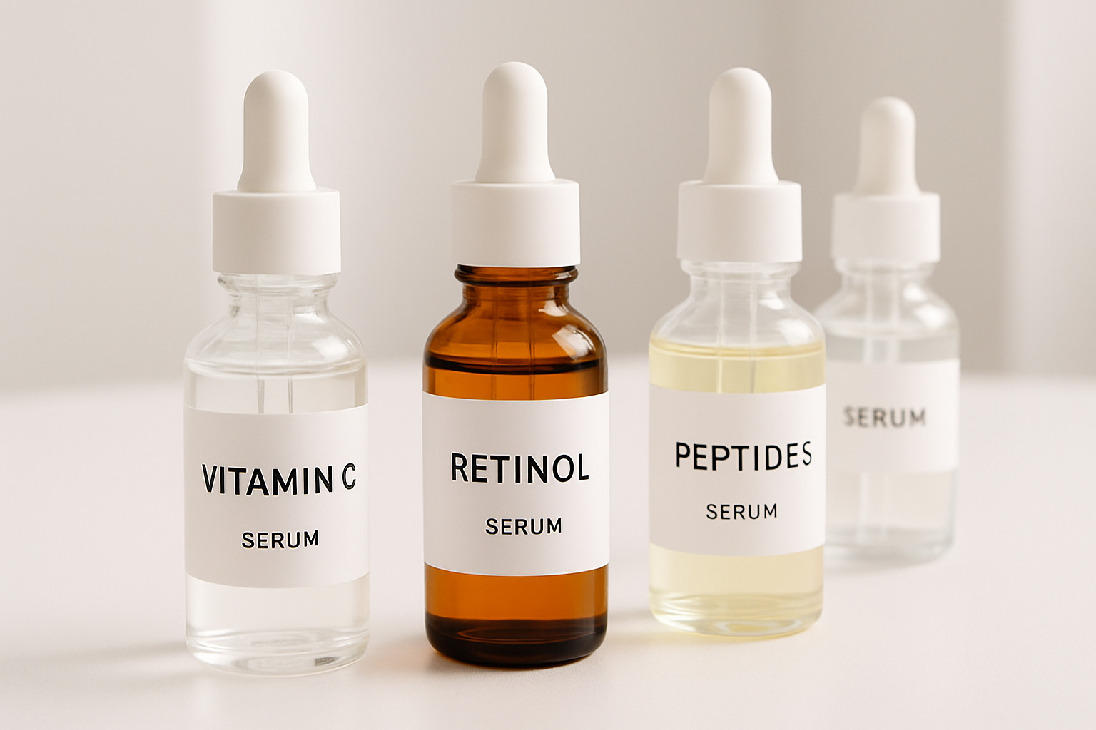 serum bottles with droppers showing various anti-aging ingredients - Beauty tips for aging skin