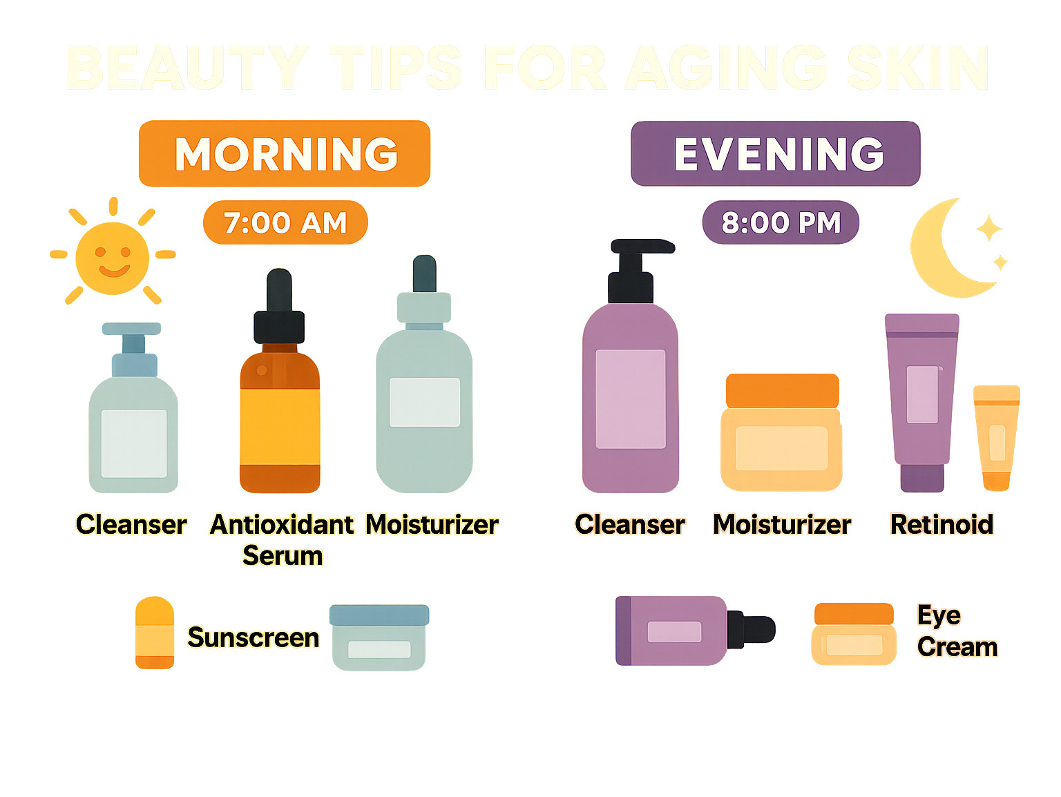 infographic showing morning vs evening skincare steps with timing and product order - Beauty tips for aging skin infographic 